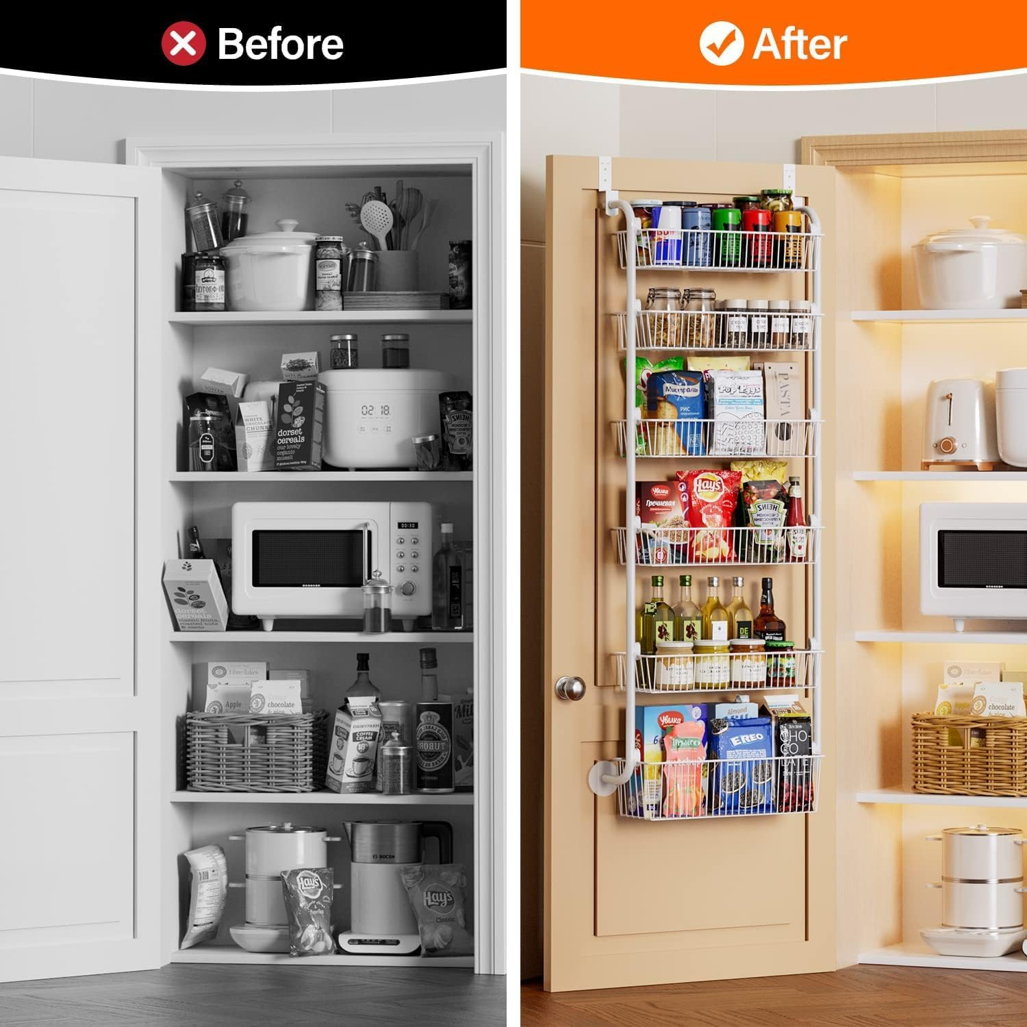 Over the Door Pantry Organizer Rack, Astraio 6 Baskets Pantry Door Organization and Storage, Heavy-Duty Metal Kitchen Spice Rack over Door Can Organizer image number 2