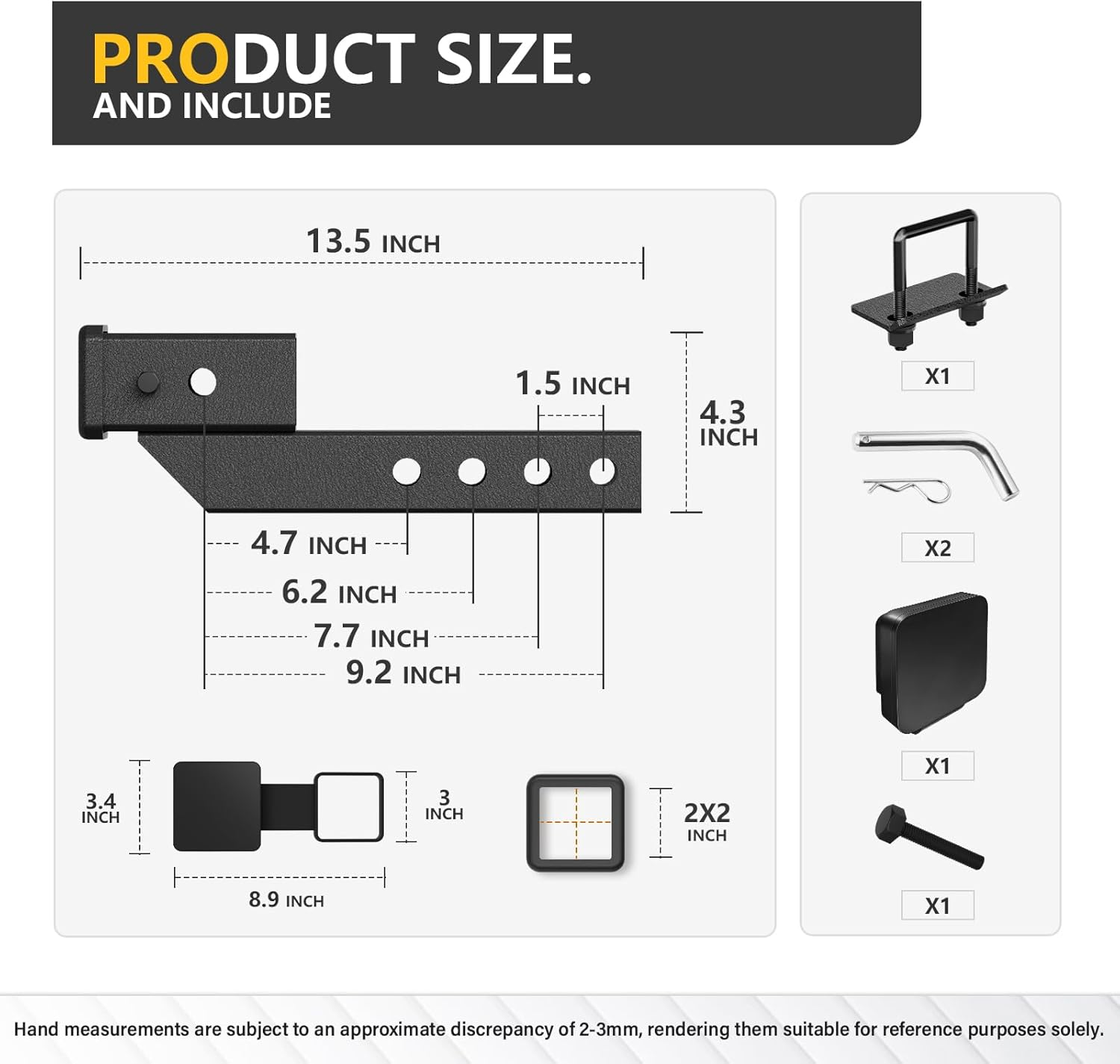 YZONA Trailer Receiver Hitch Riser & Extender Adapter, 2" Drop/Rise, Adjustable Lengths 5", 6", 8", 9", Solid Tube, 2-Inch Receiver, 7500 Lbs Towing Capacity, Matte Black