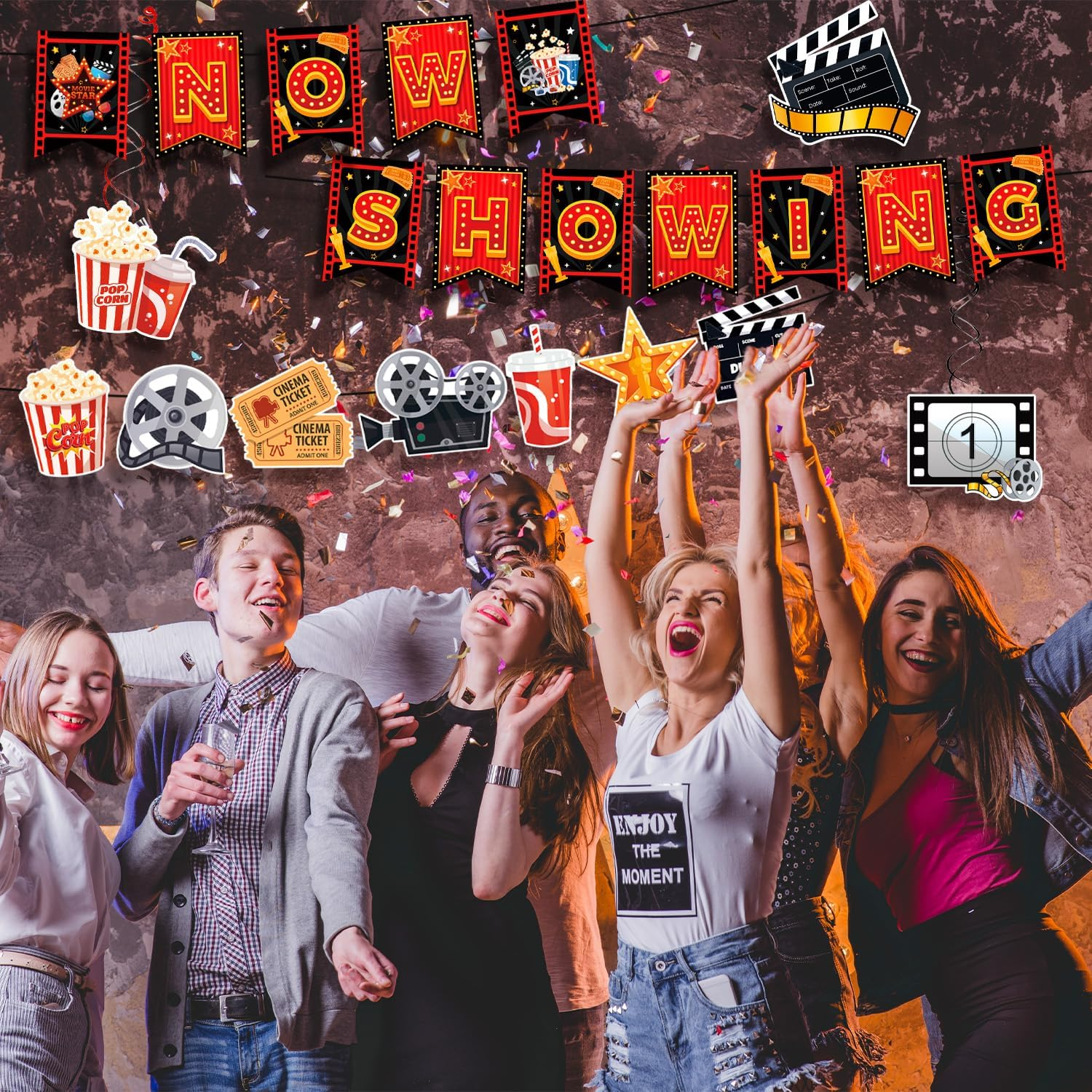 Movie Night Party Swirl Banner, 8Pcs Movie Night Birthday Party Decorations Set -Hanging Swirl & Now Showing Banner for Theme Decorations