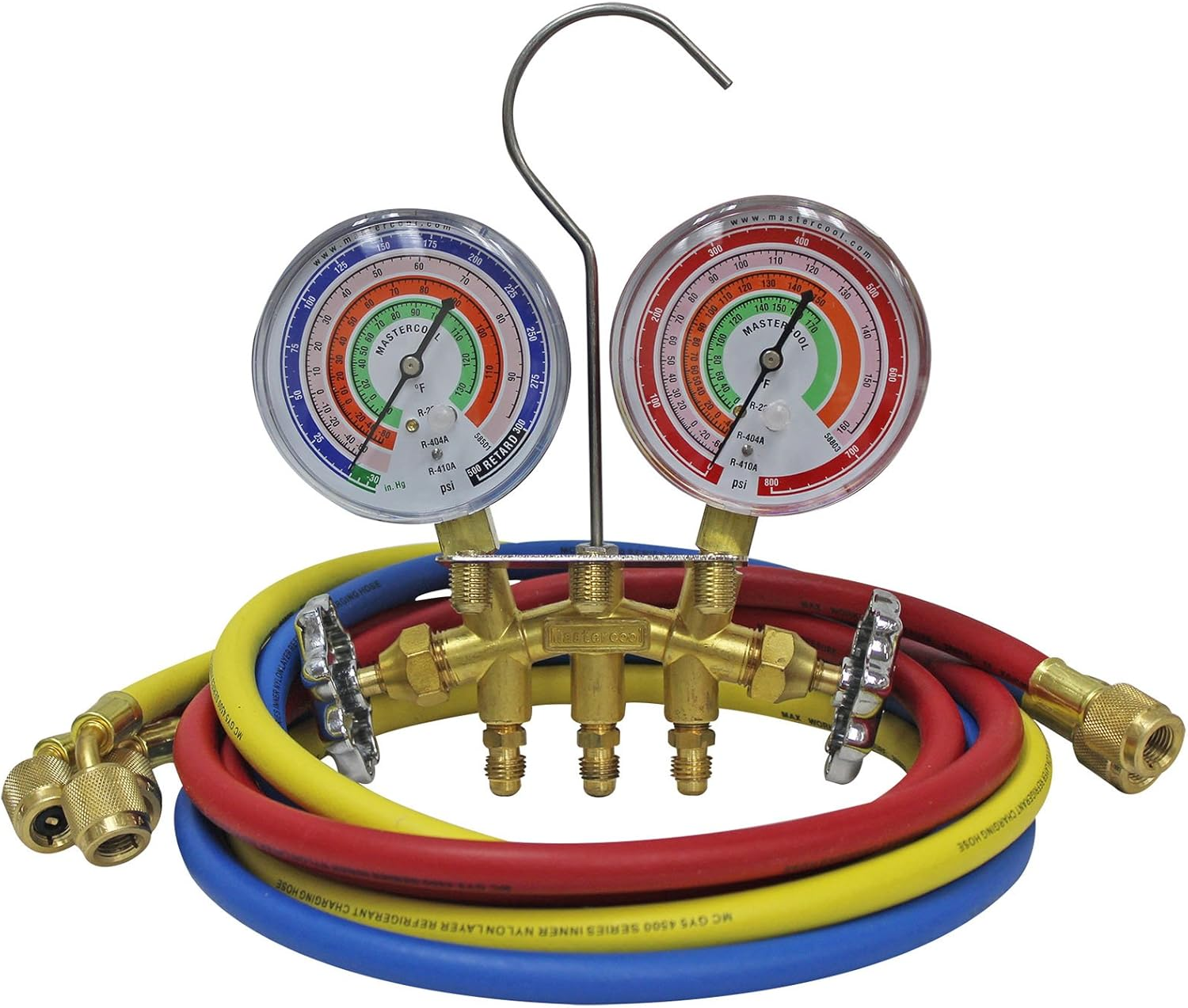 Mastercool 59161 2-Way Heavy Duty Brass Manifold Gauge Set with 3 1/8" Silicone Dampened Gauges and 1/4" SAE Fittings for R410A, R22, R404A - U.S. Assembled & Tested with 60" Hoses image number 3