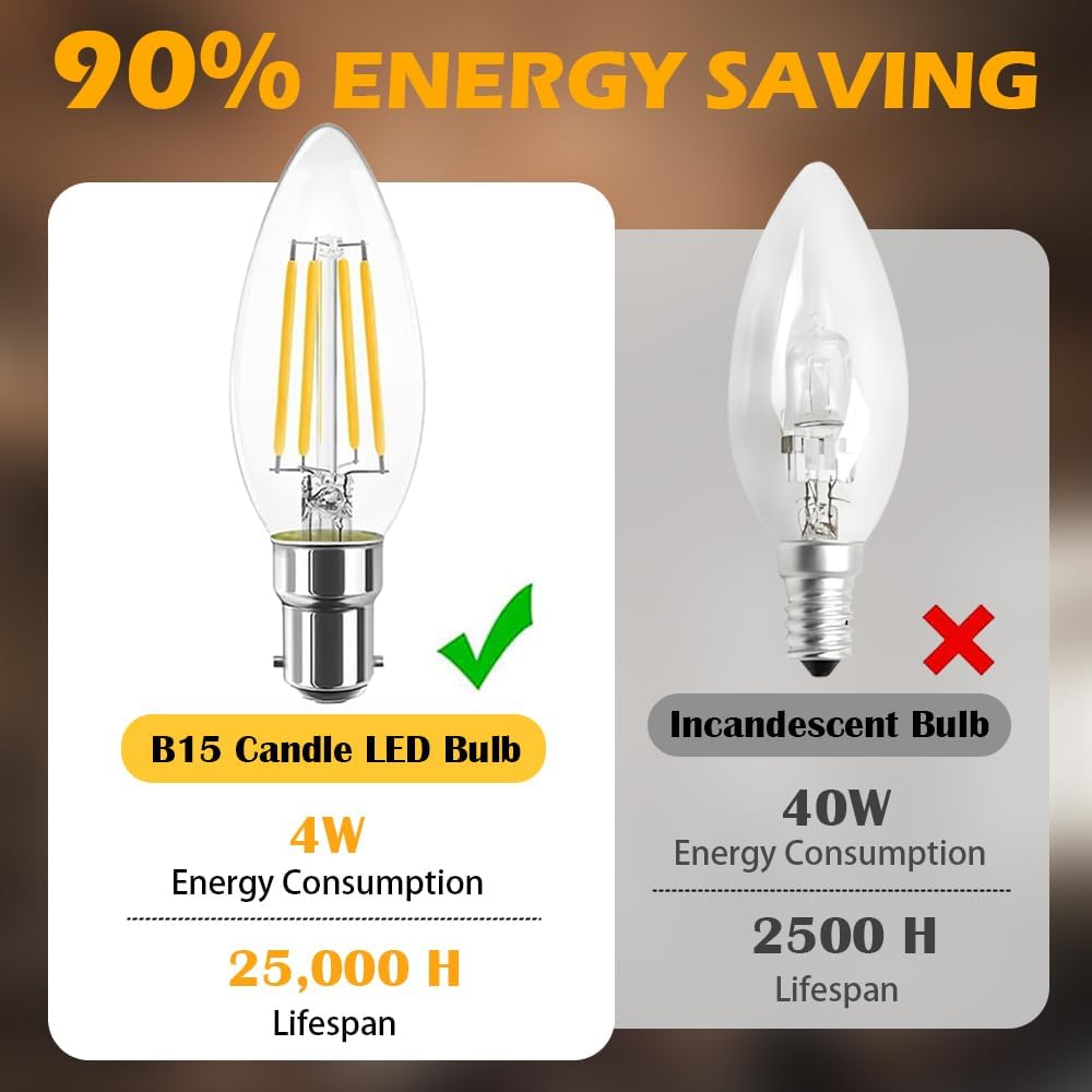 Geminilite 4W B15D Bayonet Candle LED Bulbs, Replacement for 40 Watt Candelabra Light Bulbs, SBC Small Bayonet Cap 2700K Warm White C35 470LM B15 Candle Not Dimmable Filament Chandelier 6 Pack image number 1