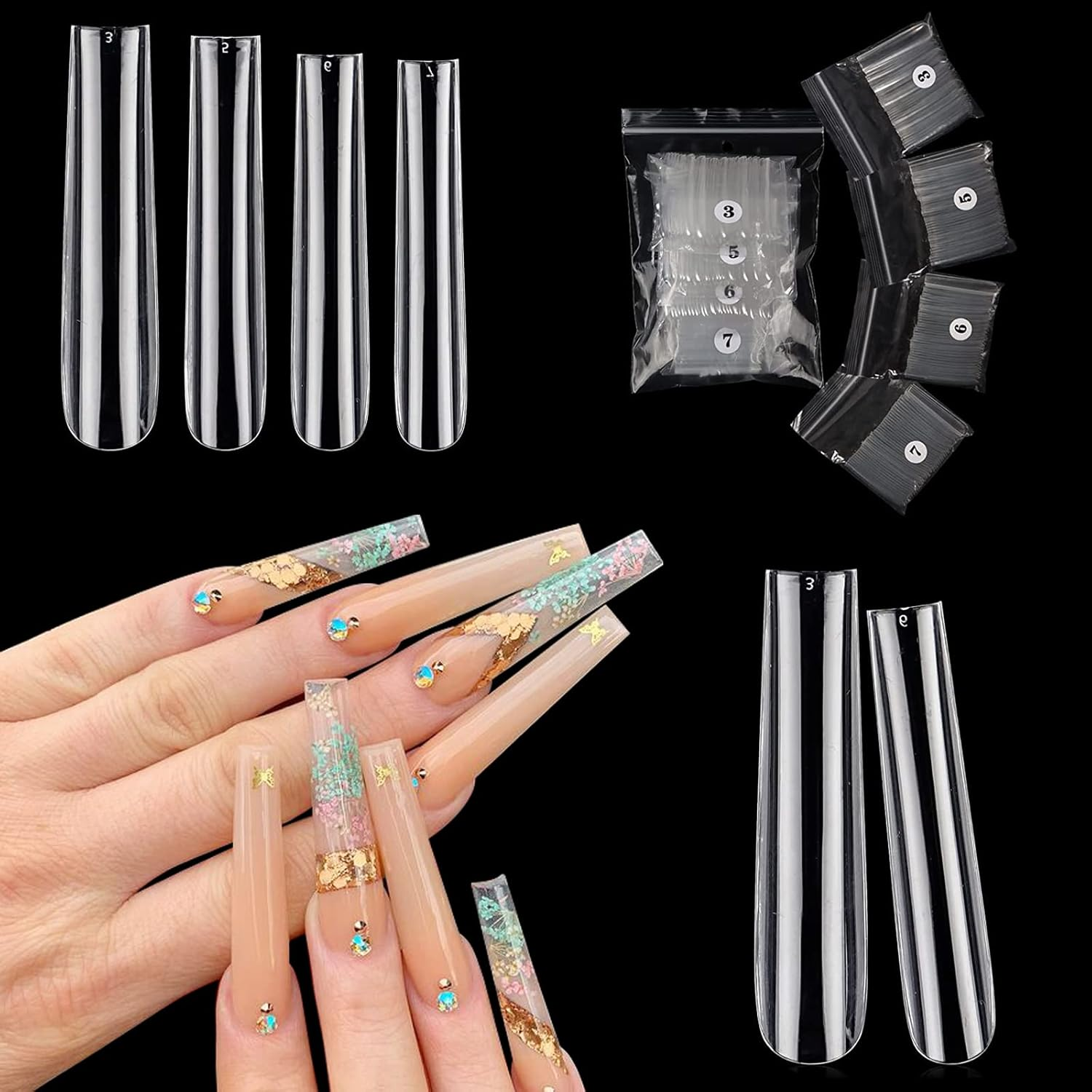 Individual Size 3 5 6 7 Full Cover Square Nail Tips for Acrylic Nails Professional, 200PCS 3XL Extra Long Straight Nail Tip, Straight Tapered Square Press on Nail Tip 4 Mostly Used Sizes image number 3