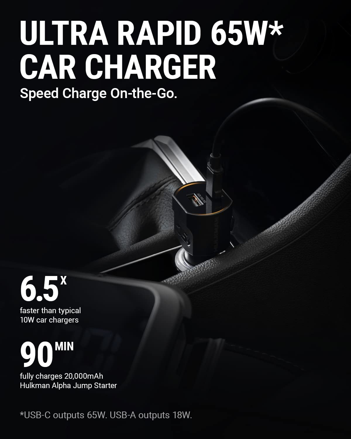 HULKMAN CC65 PD 65W USB-C Car Charger Super Fast Charge Type-C Cigarette Lighter Adapter for Iphone, Samsung, Laptop, and HULKMAN Alpha Jump Staters, Etc image number 2