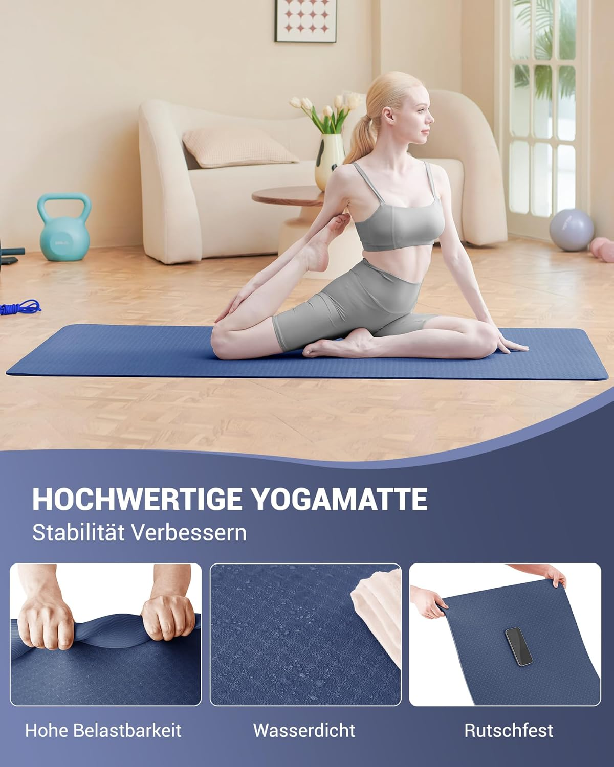 Good Nite Yoga Mat Gymnastics Pilates Exercise Mat for Women Non-Slip Thick 6Mm with Carry Strap Tpe 183 X 61 X 0.6Cm - Blue image number 4