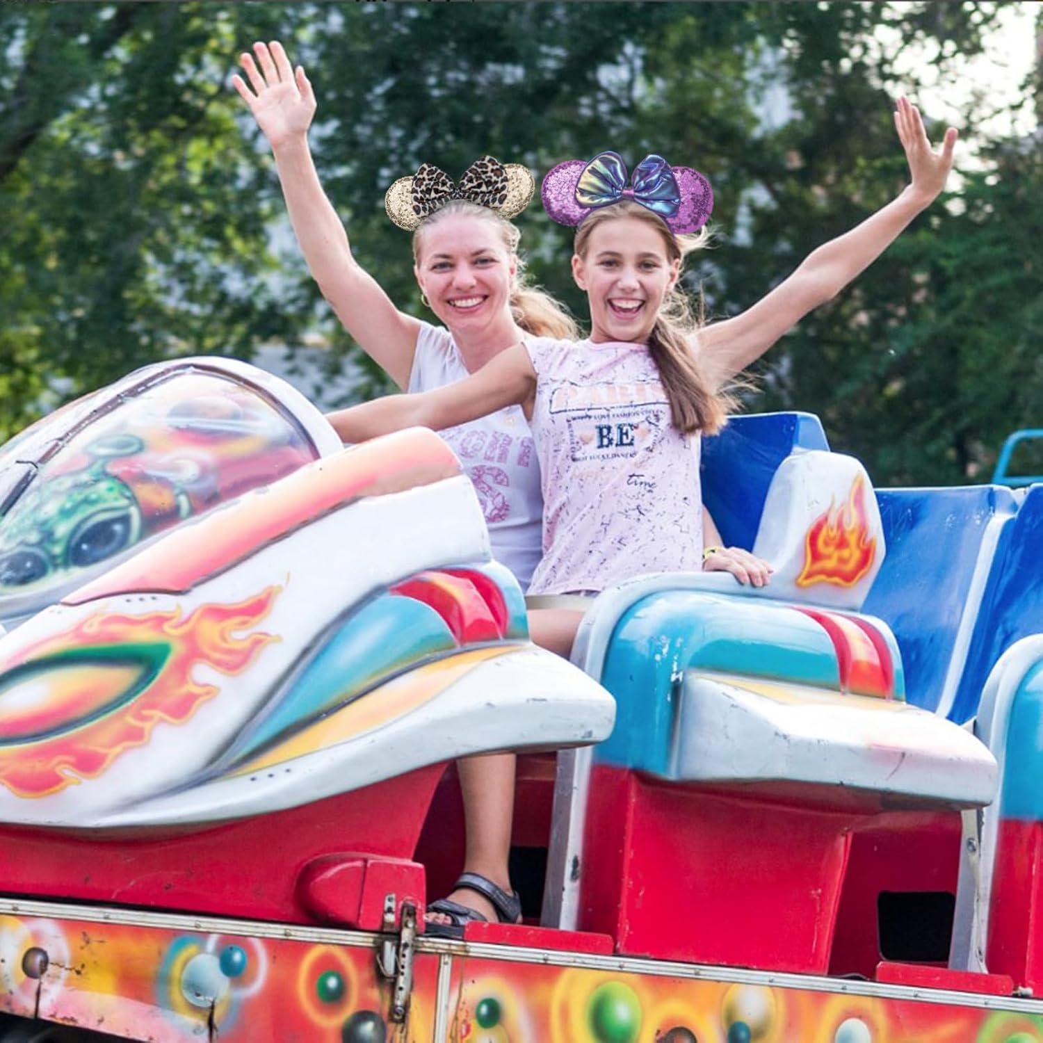 Socathey 2PCS Mouse Ears Headband for Women & Girls, Shiny Sequin Bow Mouse Headbands for Birthday Party & Theme Paradise (Red & Dot Red)