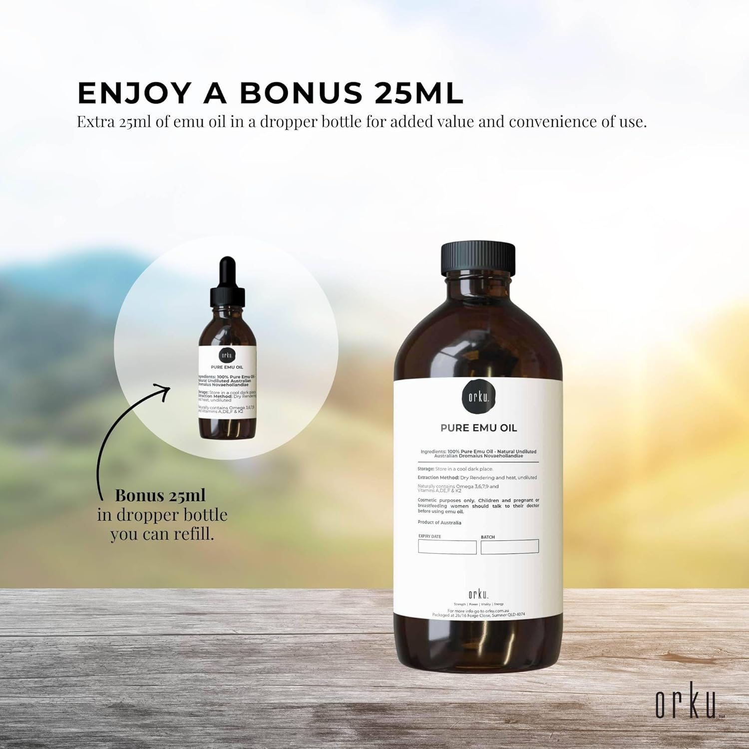 Orku 1L Pure Emu Oil + Bonus 25Ml Bottle - Australian Dromaius Novaehollandiae image number 6