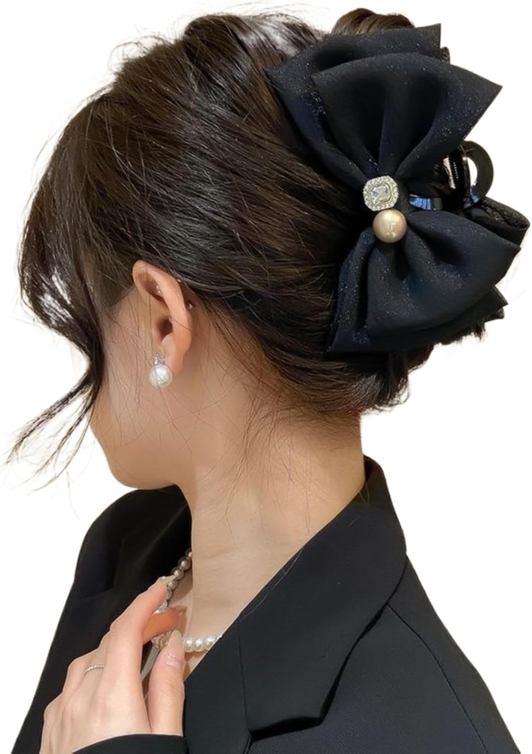 Tulle Bow Hair Clip with Rhinestones - Large Claw Hair Accessory for Thick Hair Ponytails, Chiffon Bow and Mesh Bowknot (Black)