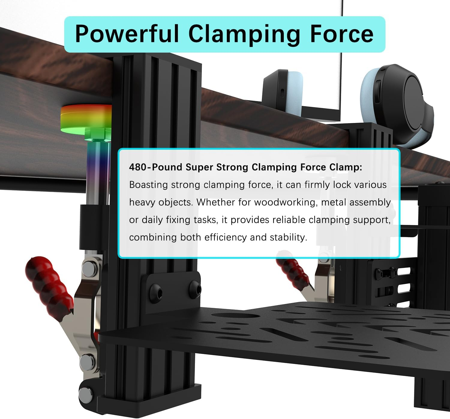 EG STARTS SIM Racing Wheel Stand Desk Mount, Heavy Duty Desk Clamp with 480-Pound Force, Compatible Logitech G25 G27 G29 G920 G923 Thrustmaster T248 T300RS T-GT TS-PC Black Metal Gaming Cockpit Shelf image number 6