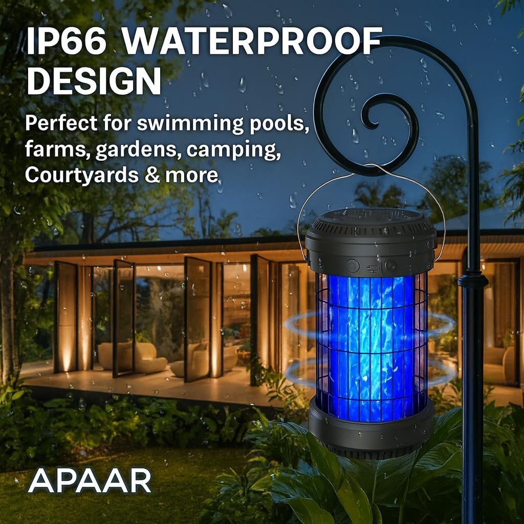 Bug Zapper &ndash; Solar & USB Rechargeable Insect Killer Lamp, Black&ndash; 5W UV Light with 4200V High Voltage Grid &ndash; Portable Indoor/Outdoor Mosquito Trap for Home, Patio, Garden & Camping