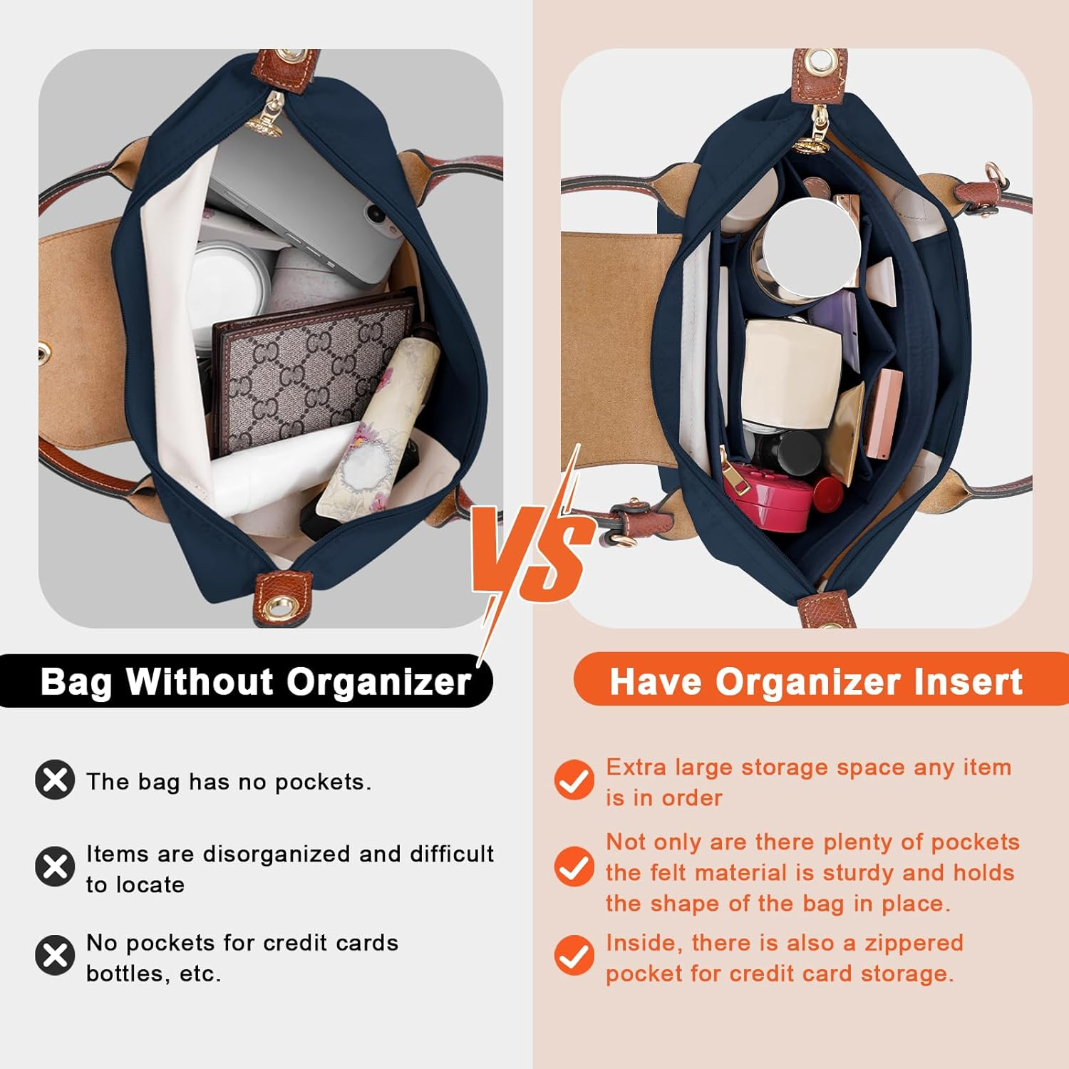 Felt Purse Organiser Insert for Longchamp Le Pliage (Dark Blue, M) image number 5