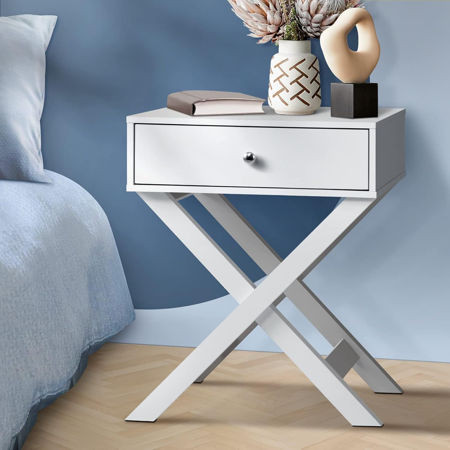 Oikiture Bedside Table with Drawer and Storage Space Side Table Nightstand Home Bedroom Furniture White