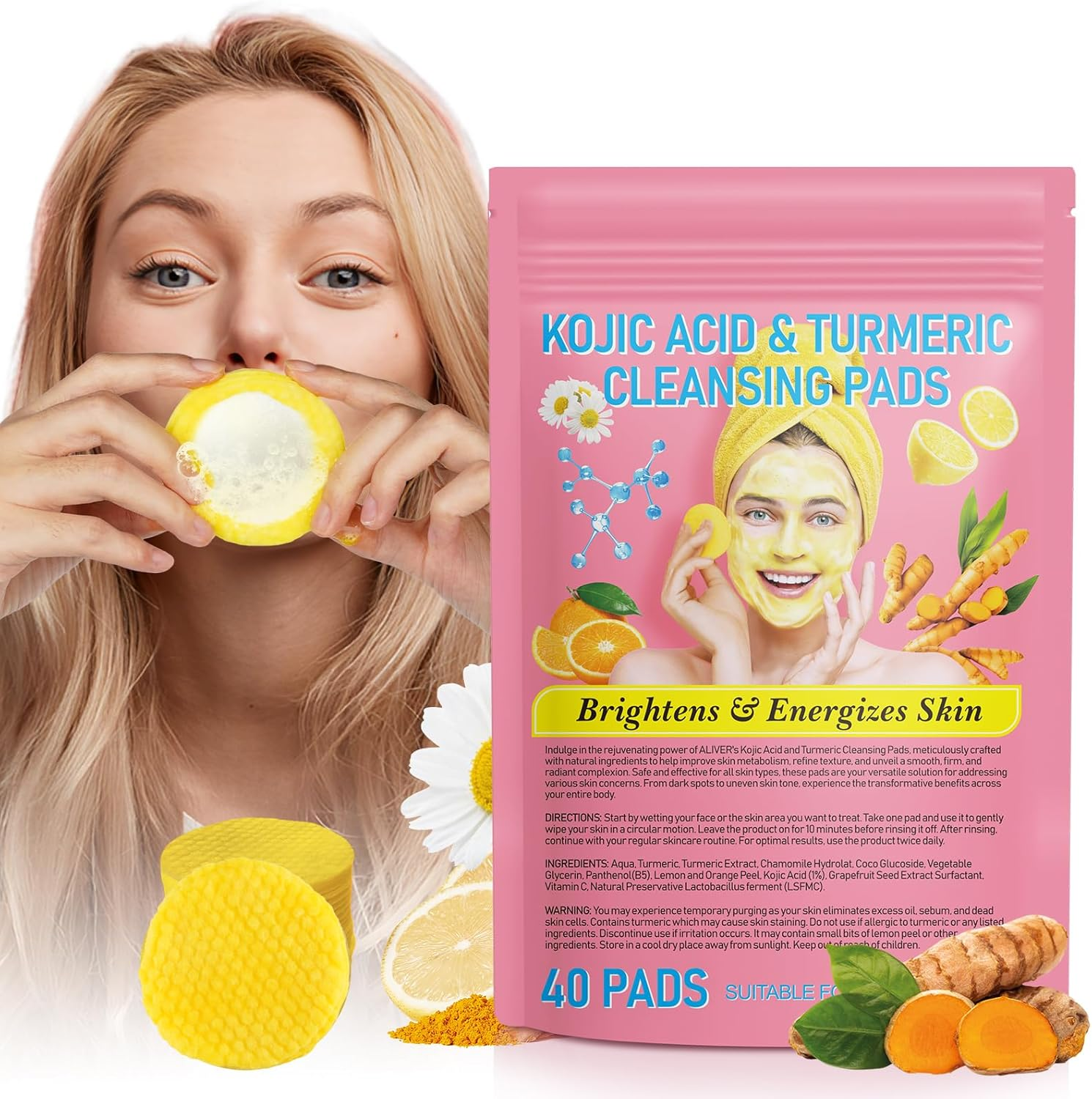 Turmeric Cleansing Pads, Kojic Acid and Turmeric Cleansing Pads Helps Balance Skin Oil and Water, Remove Excess Keratin from the Body'S Skin (Pink) image number 1