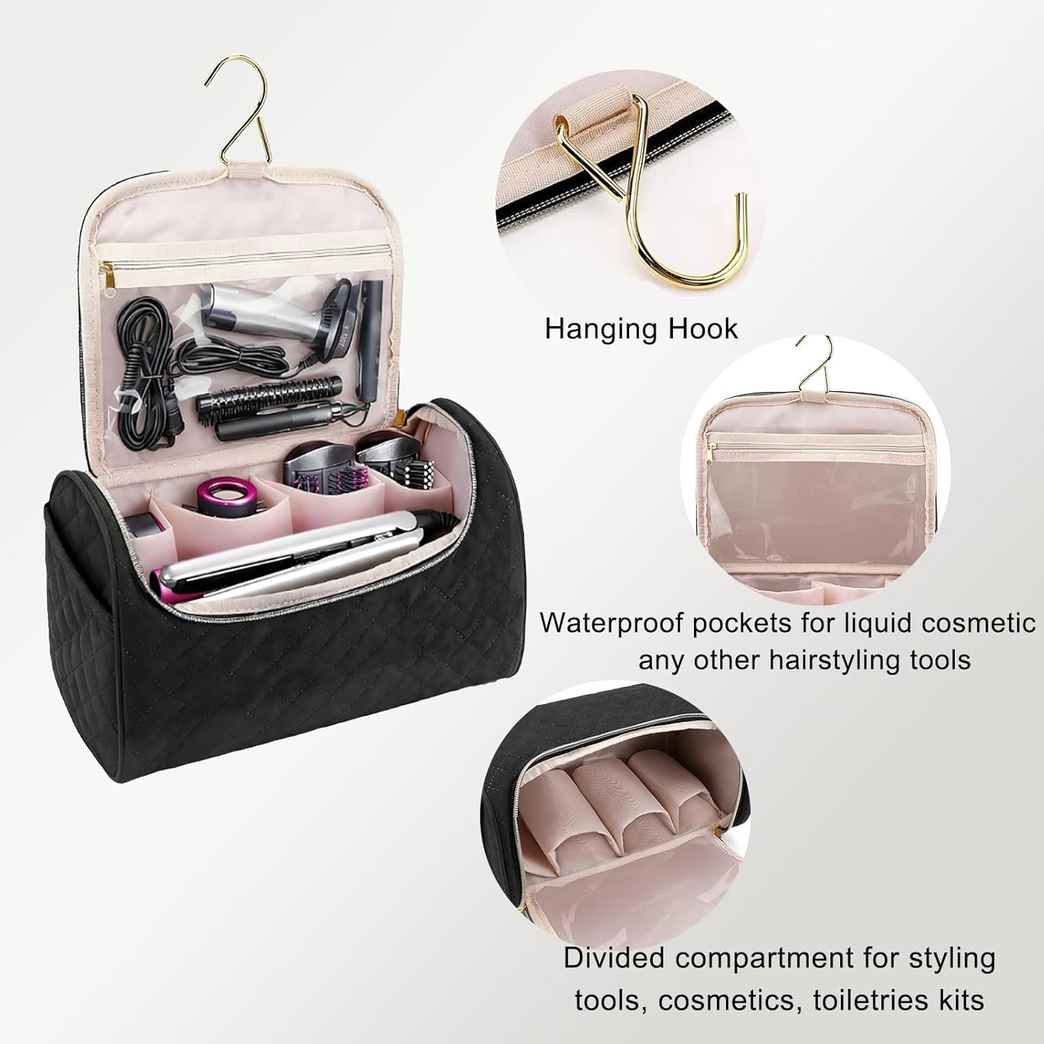 Portable Storage Bag Compatible with Hair Dryer and Attachments, Huggiegems Makeup Bag, Travel Toiletry Bag with Hanging Hook image number 1