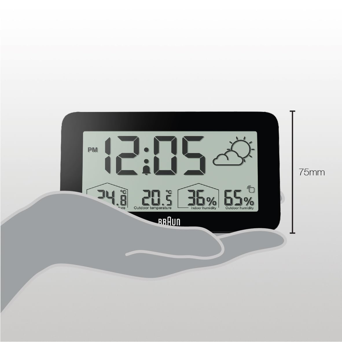 Braun Digital Weather Station Clock with Indoor and Outdoor Temperature and Humidity, Forecast, LCD Display, Quick-Set, Crescendo Beep Alarm in Black, Model BC13BP. image number 4