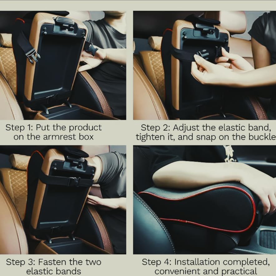 Car Armrest Cushion,Memory Foam Arm Rest for Car,Center Console Armrest with Phone Holder Storage Bag Universal Fit for Most Car (Black) - Black Red image number 7