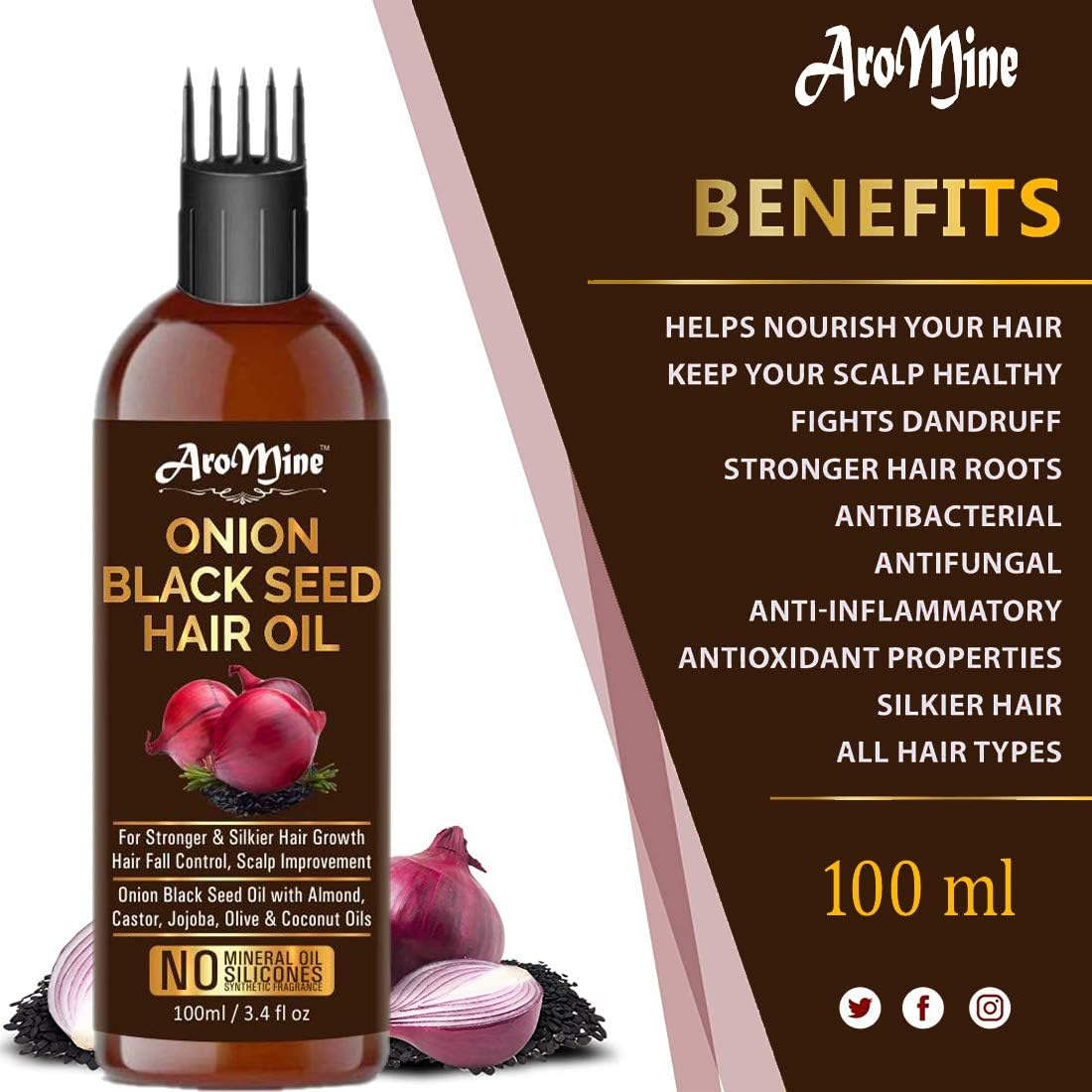 Aromine Onion Blackseed Oil with COMB APPLICATOR - Controls Hair Fall - NO Mineral Oil, Silicones,100Ml