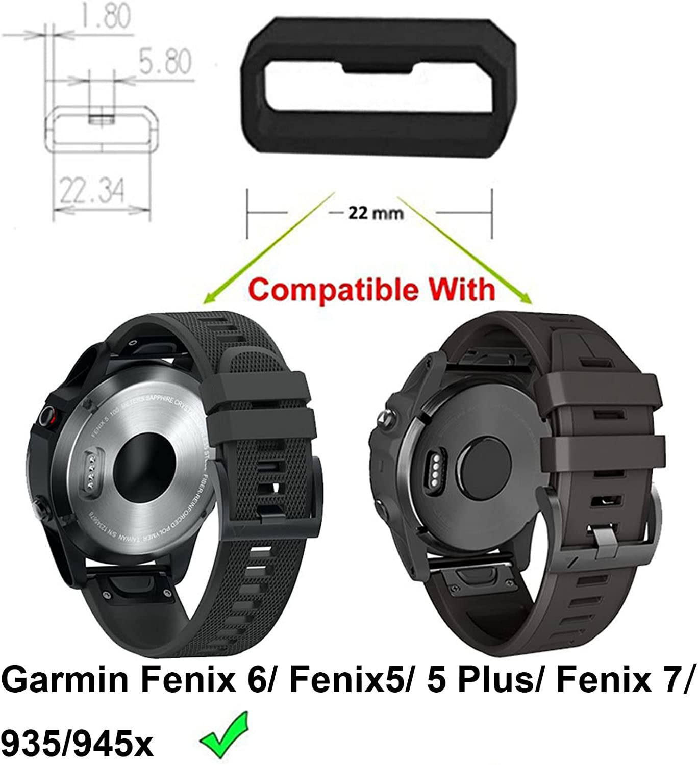 12 Pack - 22Mm Watch Band Strap Loops for Garmin, MH MOIHSING Replacement Secure Rings Compatible with Garmin Forerunner 945/935/630/235/735Xt/Fenix 5 Band,Silicone Fastener Ring Holder Loops, Black image number 1