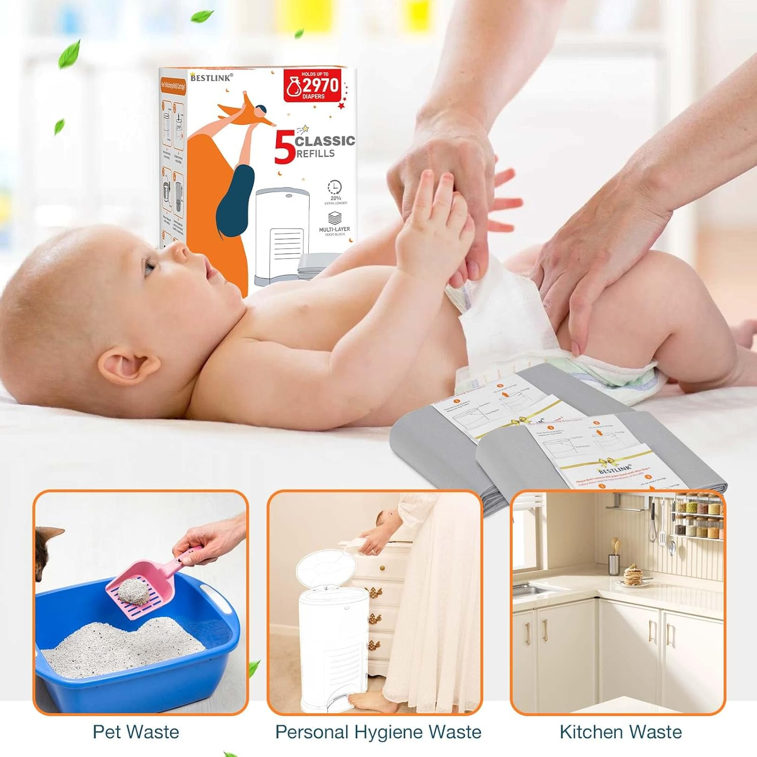 5 Pack Refills Compatible with DEKOR CLASSIC Diaper Pails | 20% Extra Length Diaper Pail Refill Bags Liners Holds 2970 Diapers | Ultimate Odor Control with Baby Scented image number 4