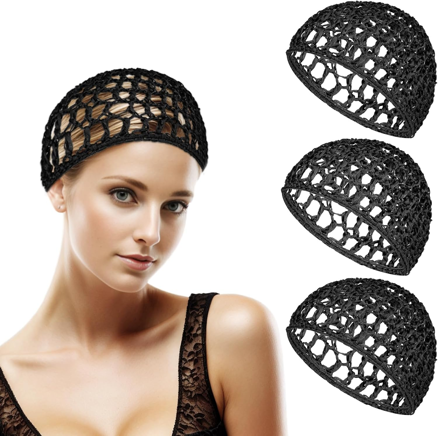 3Pcs Hair Net Soft Rayon Mesh Crocheted Hairnet Sleep Cap Mesh Cover Curls Hair Net Snoods Elastic Hairnet Hairs Cover Accessories for Women Men Night Sleeping Thick Long Short Curls Hairs
