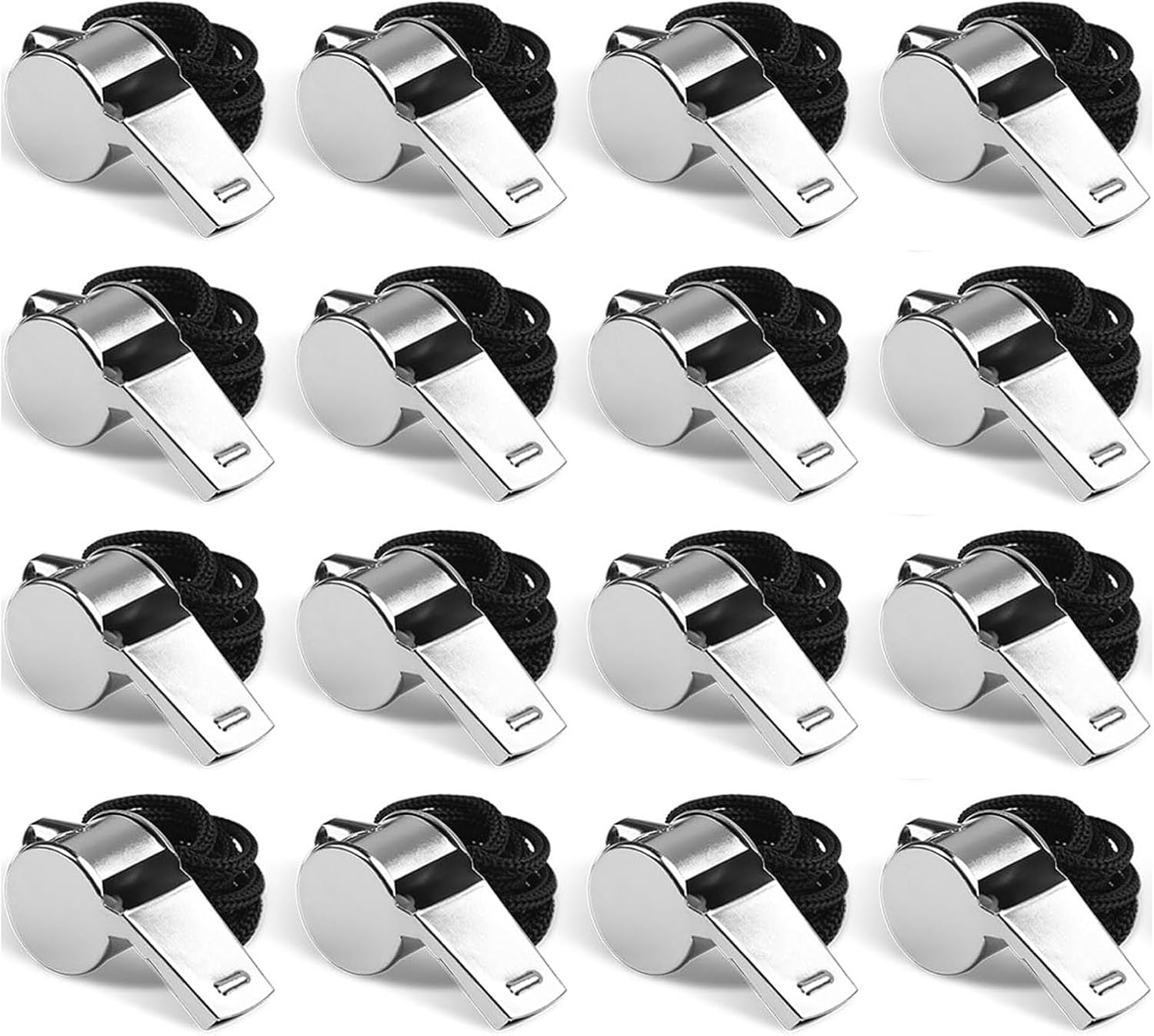 16-Pack Stainless Steel Sports Whistles with Lanyard,Very Loud Crisp,Clear Sound Whistles Great,For Adults,Teachers, Officials, Coaches,Referees, Personal Defense, Survival Kits & Outdoor Safety
