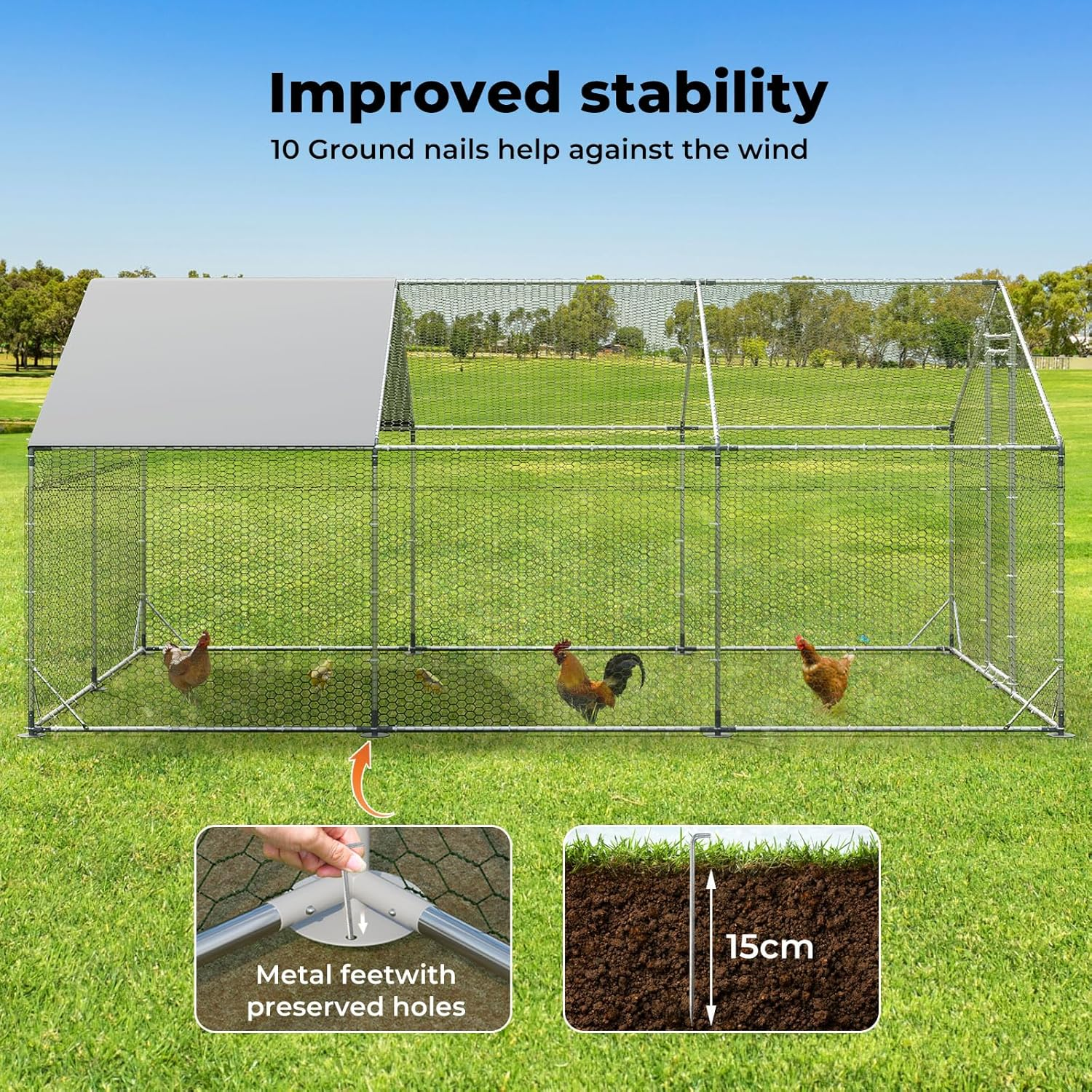 Pawz Chicken Coop Large Rabbit Hutch Pet Cage,Thick Galvanized Metal Hen House with Waterproof Sun-Protective Cover,Walk-In Poultry House Coops Hen Run Ferret Habitat Farm Enclosure,600X300X194Cm image number 5