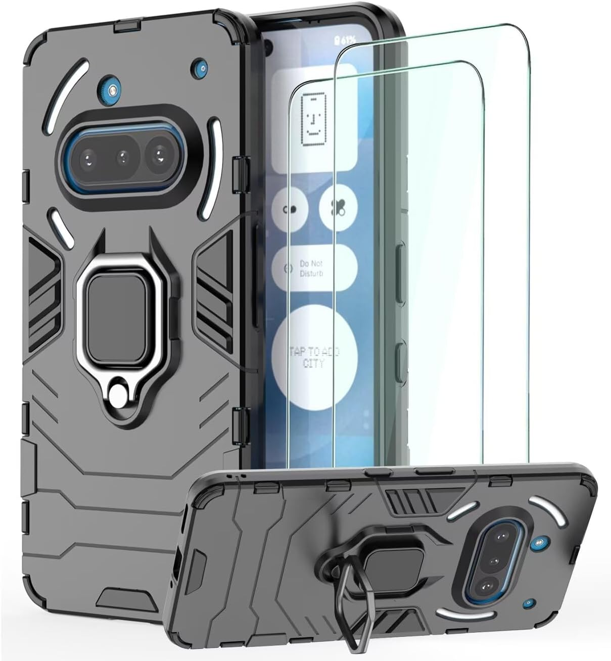 DERHAN Case for Nothing Phone 3A Pro, Armoured Case with Ring Holder + Protective Film [Pack of 2], Mobile Phone Cases Shockproof Protective Case, Mobile Phone Case with Stand - Black
