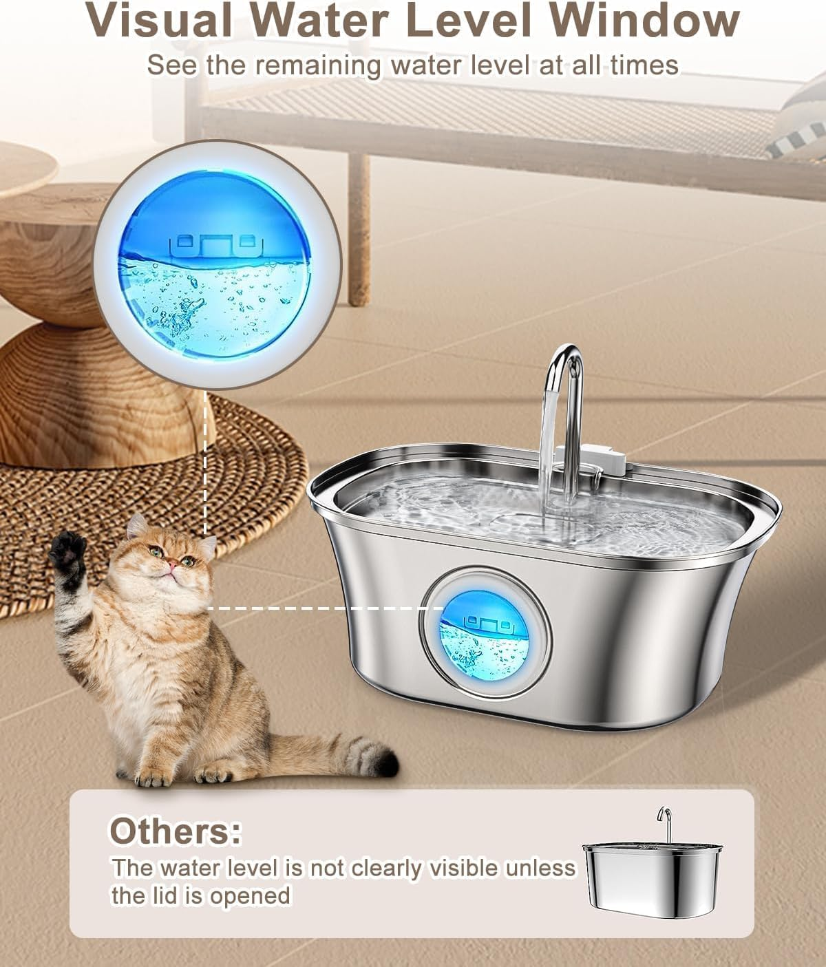 Cat Water Fountain, 3.2L Stainless Steel Pet Fountain with Water Level Window, Automatic Ultra Quiet Dog Water Dispenser, Dishwasher Safe Cat Fountain, Ideal for Cats and Dogs, AU Plug image number 3