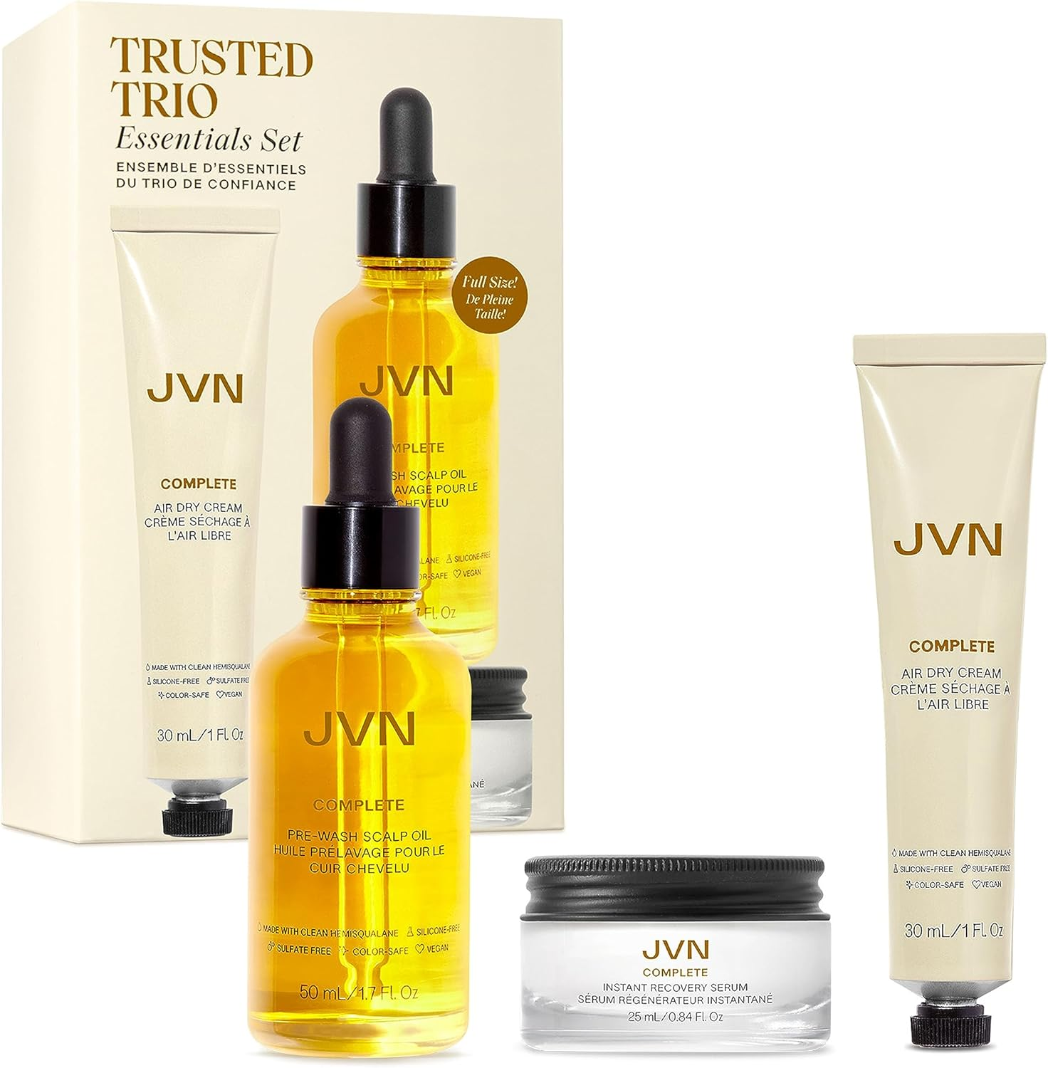 JVN Trusted Trio Essentials Set Travel - Mini Complete Size Air Dry Cream, Full Size Complete Pre-Wash Scalp Treatment Oil, and Travel Mini Complete Instant Recovery Heat Protectant Leave-In Serum image number 1