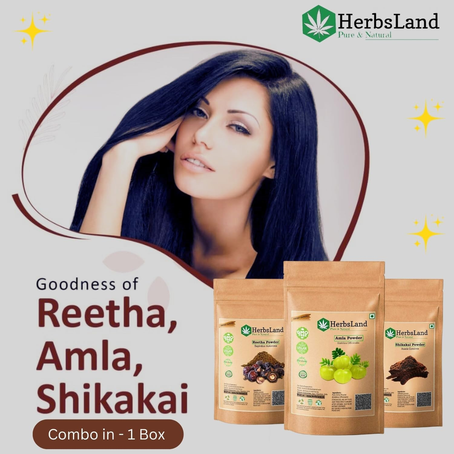 Herbsland&reg; Pure Bio Organic Amla Reetha Shikakai Powder for Face | Skin Care | Scalp with Anti-Dandruff Treatment | Hair Growth Natural Shampoo | Double Filtered for Shiny Hair (50 Gm Each) (150 Gm) image number 5