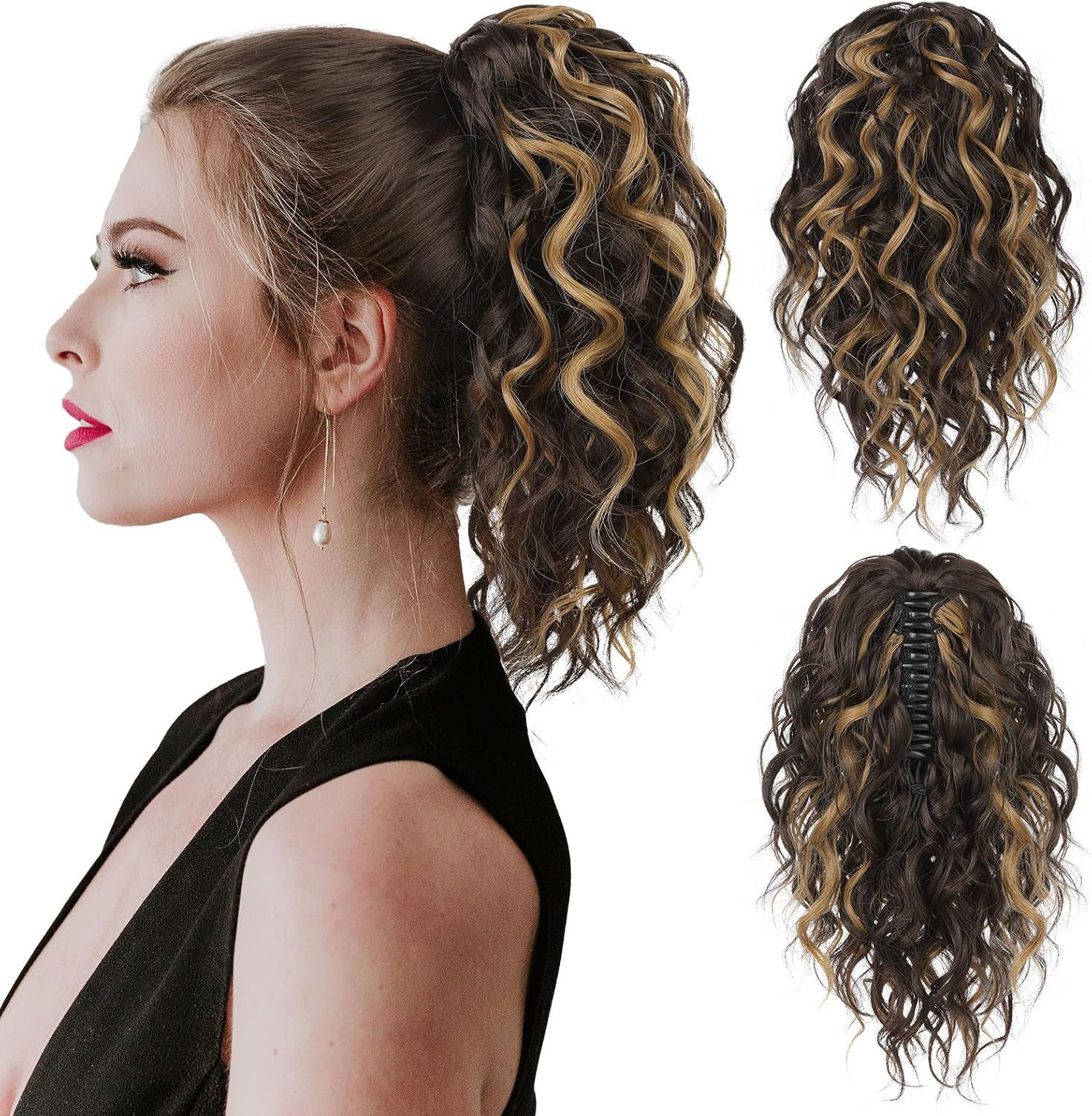 FLUFYMOOZ Ponytail Extension, 12" Short Claw Ponytail Extension Wavy Curly Jaw Clip in Pony Tails Hair Extension Natural Synthetic Hairpiece for Women (Black Brown)