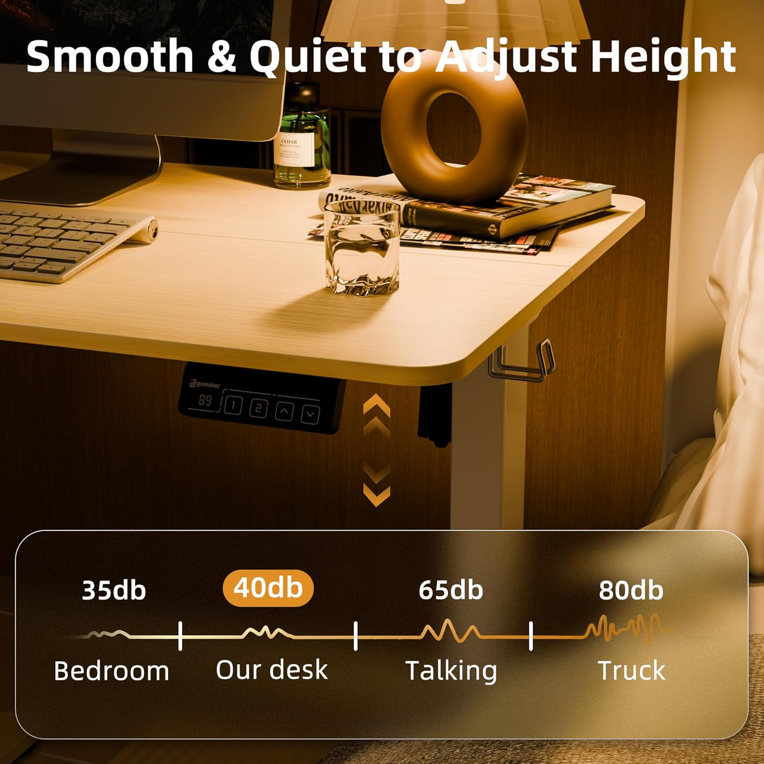 ERGOMAKER Electric Standing Desk 80X60Cm (31"X23.6"), Height Adjustable Sit Stand Desk with Splice Board for Home Office, Computer Desk Memory Preset (White Frame + Golden Oak Desktop) image number 2