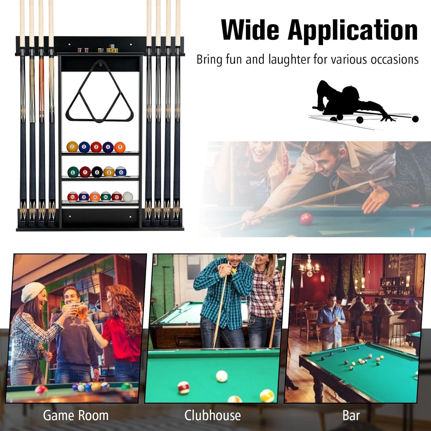 Costway Billiards Pool Cue Rack Only, Wall Mounted Billiard Stick Holder, Made of Solid Pine Wood, Holds Cues, Billiard Balls, Ball Rack, Compact Billiards Equipment for Billiard Room, Club