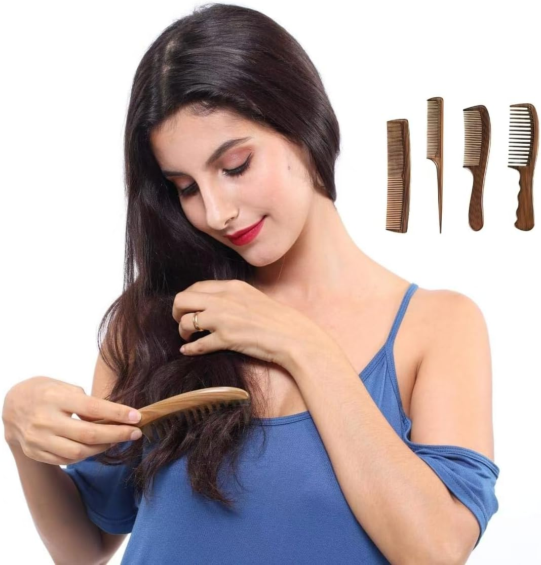 Wooden Natural Detangling Fine Tooth Wide Tooth Combs, 4Pcs Natural Sandalwood Tail Comb Anti-Static,Anti-Static Scent Wooden Detangler Combs,Wood Wide Tooth Comb for Shiny Hair image number 6
