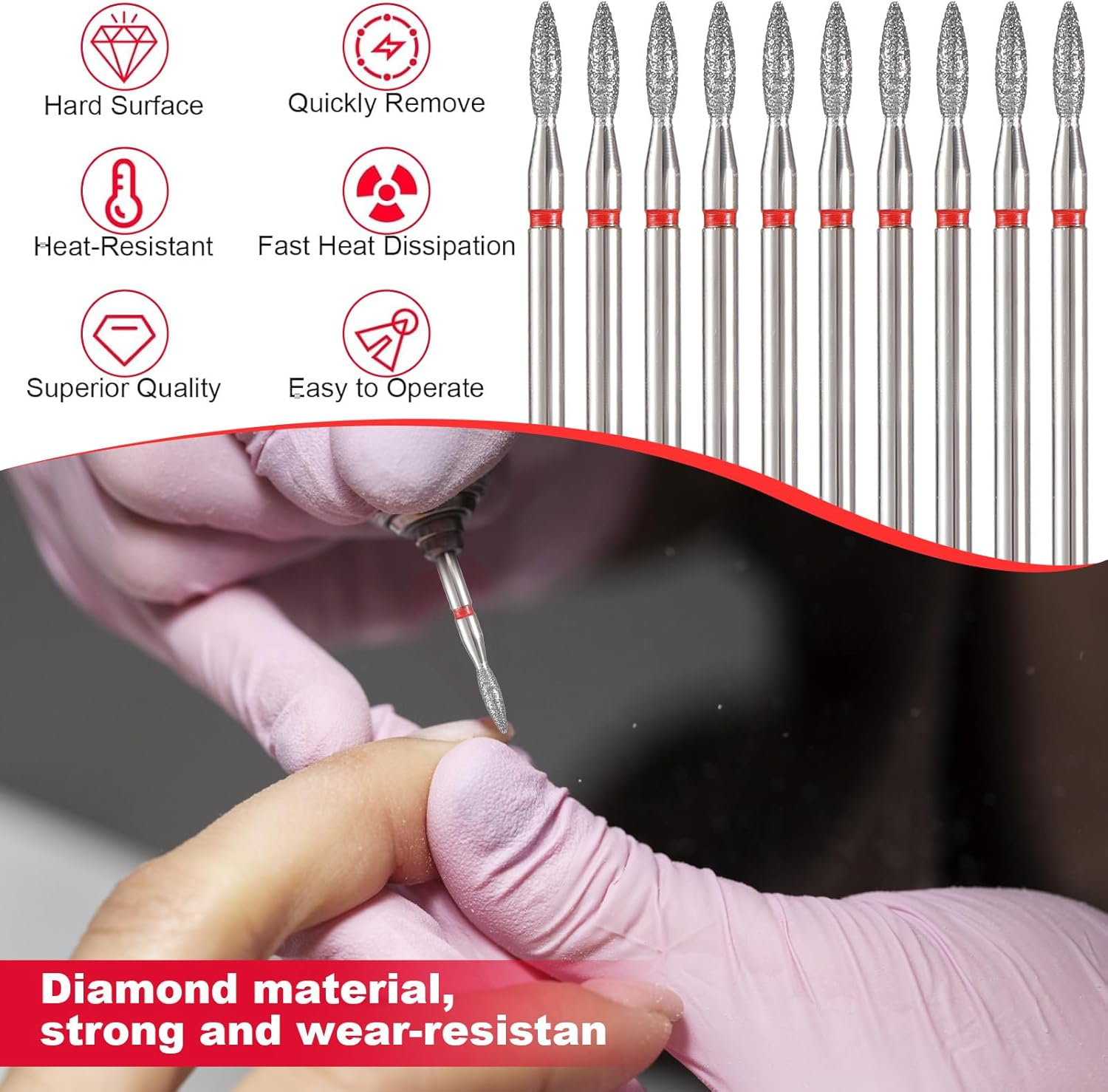 10 Pcs Flame Bit for Nail Drill Professional Cuticle Nail Drill Bits with Case for Dead Skin 3/32'' Nails Dry Manicure Pedicure Shape Remove Nails Salon Tools Manicurist Home Red Stainless Steel image number 4