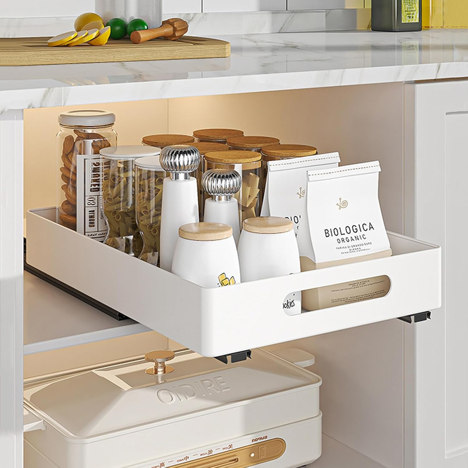 2 Pack Pull Out Cabinet Organizer, Adhesive Slide Out Drawer for Cabinets, Peel and Stick Pull Out Drawer Shelves, Multifunctional Drawer Organizers for Kitchen, Pantry, Bathroom, Bedroom (White) image number 1