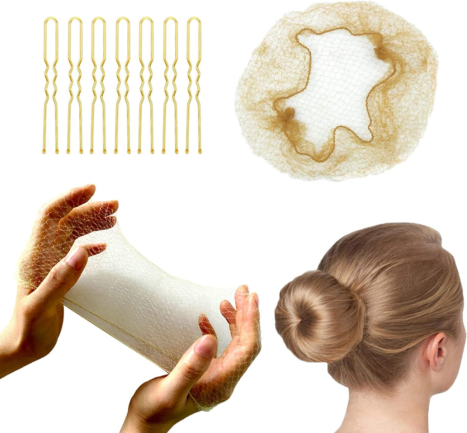 Tonjin 50PCS Hair Nets Bun and 10PCS U Shaped Hair Pins Set, 50Cm Individual Package Invisible Hair Nets Elastic Edge Mesh and 6Cm Hair Bun Pins for Women Girls Ballet Bun Maker Dance(Brown)