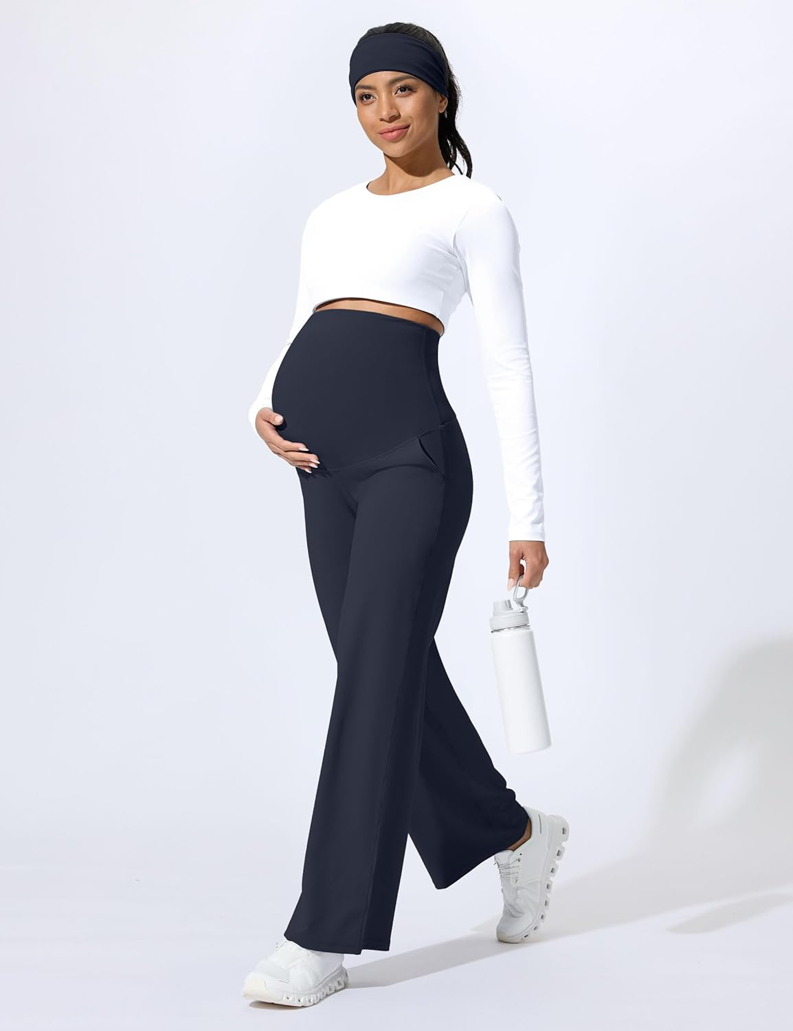 Mama Land Maternity Pants over the Belly High Waisted Wide Leg Yoga Pants with Pockets Stretchy Pregnancy Lounge Clothes image number 6
