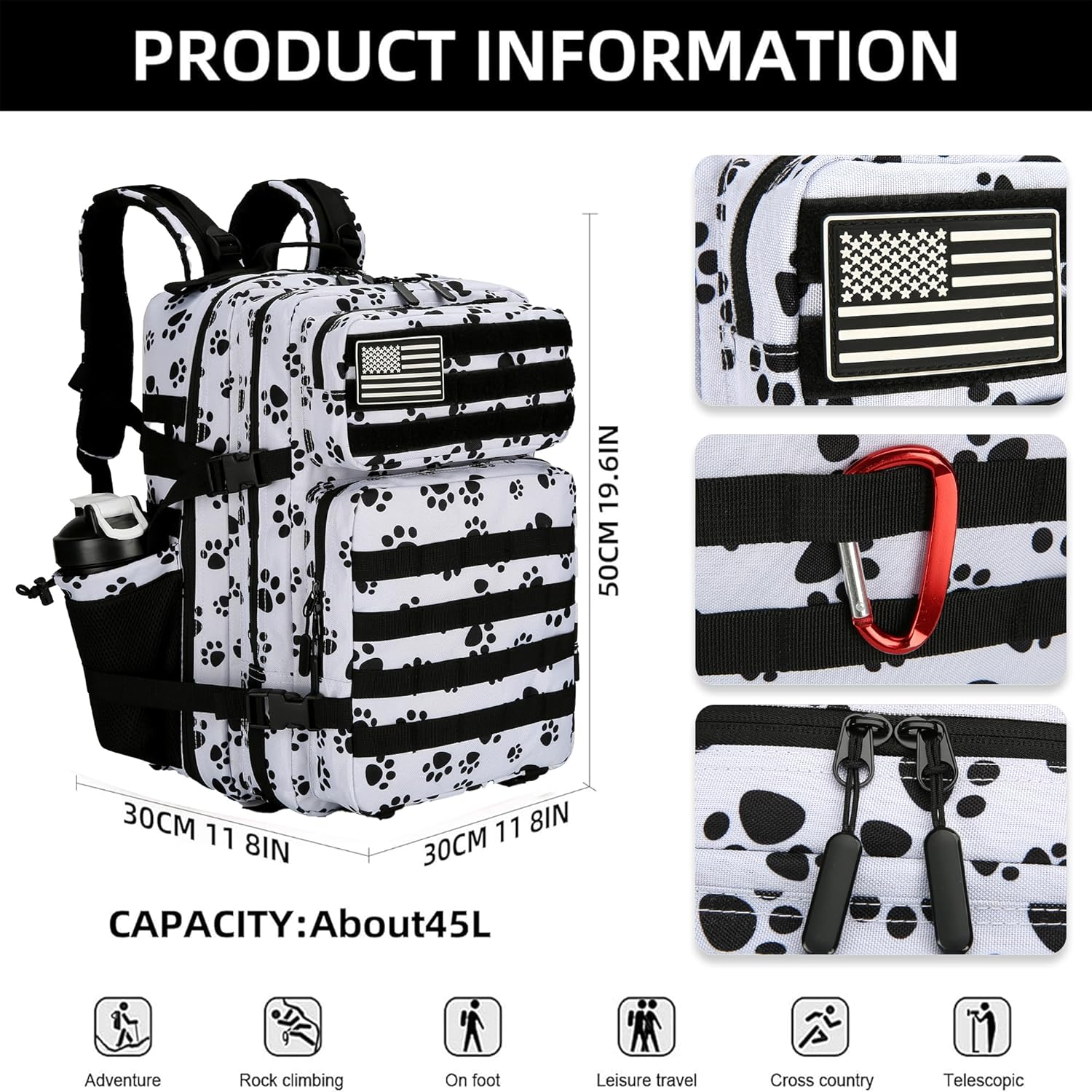 KXBUNQD Military Tactical Backpack 45L Hiking Backpacks Men Women Molle Army Backpack Daypack for Camping Fishing Travel - Black Cat Paw image number 3