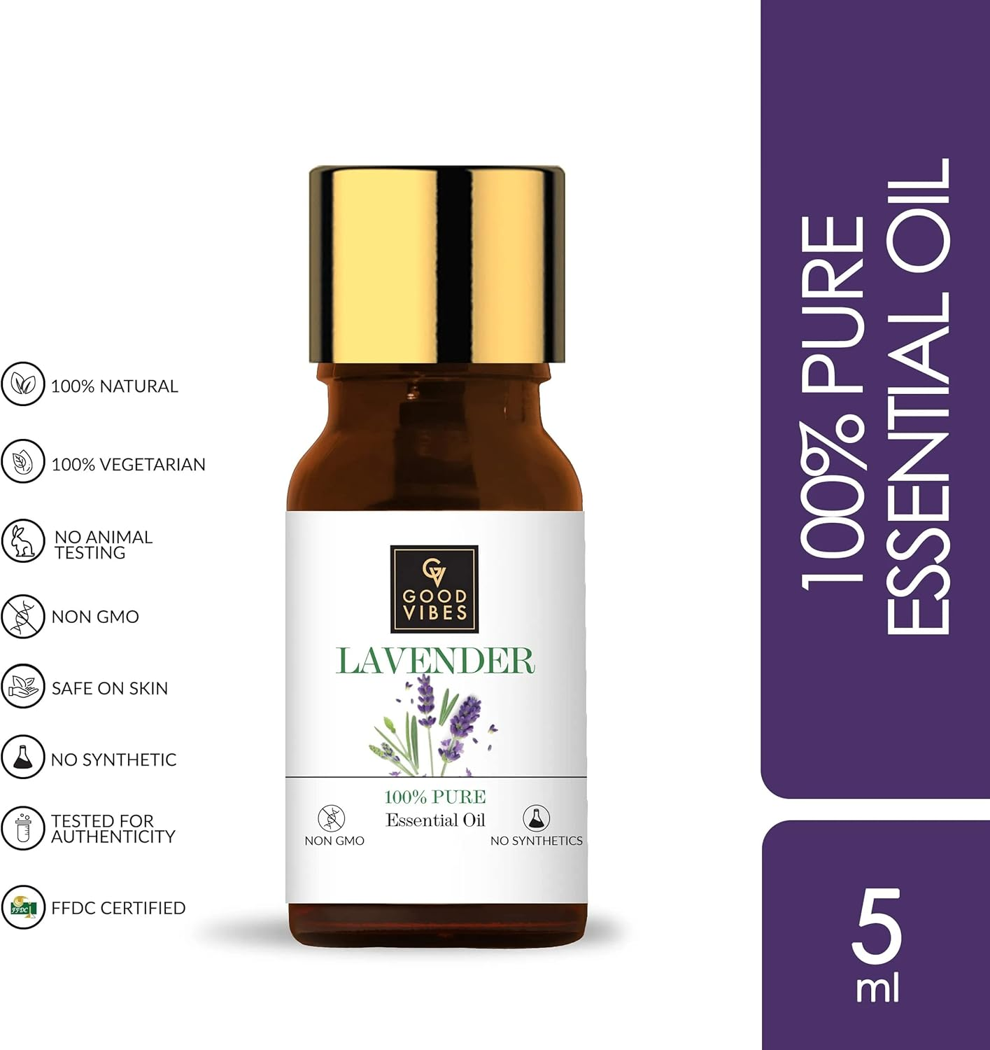Good Vibes 100% Pure Lavender Essential Oil, 5 Ml Naturally Detoxifies and Rejuvenates Skin, Stimulates Hair Growth, Suitable for All Skin & Hair Types, No Alcohol, Parabens & Sulphates image number 5