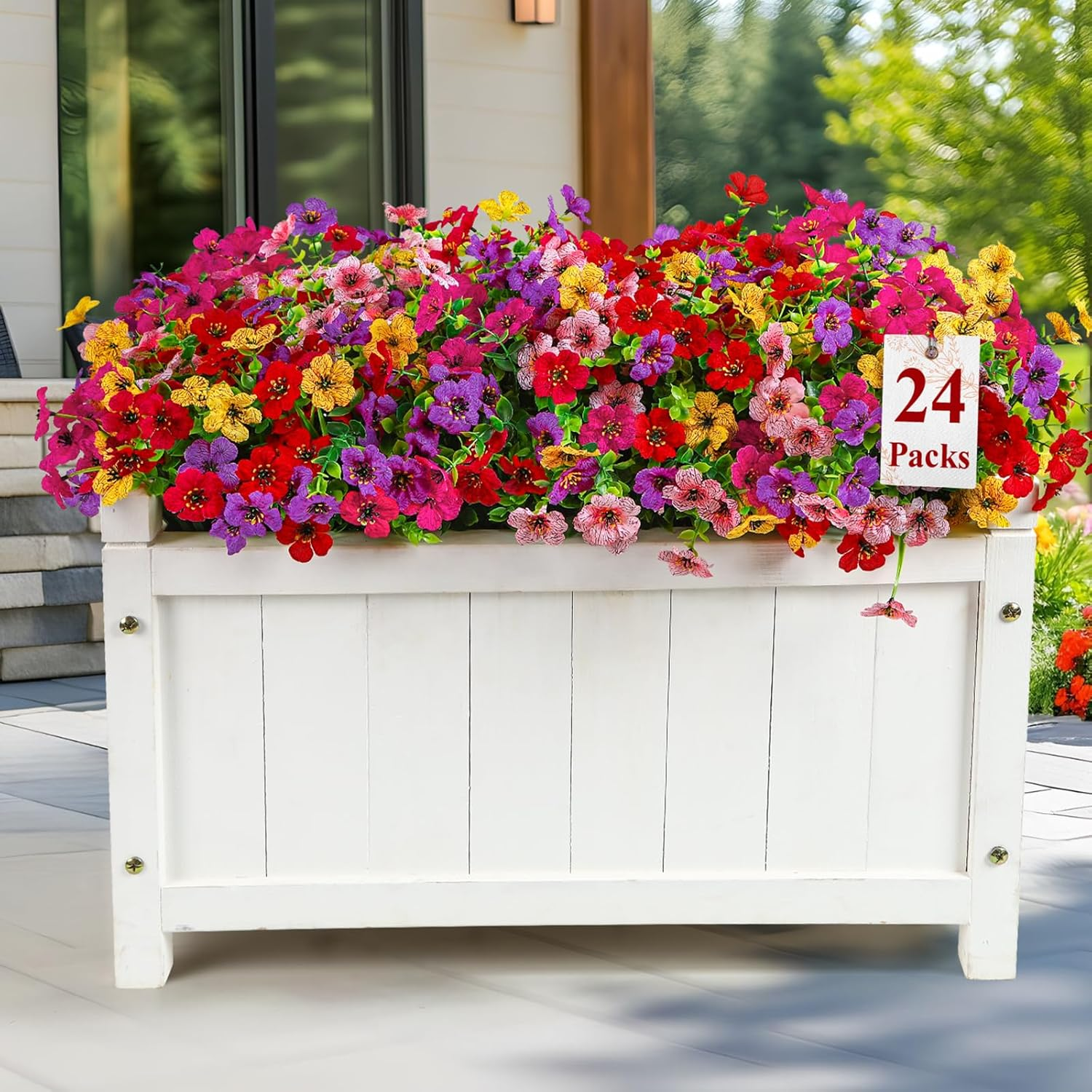 Alupssuc 24 Bundles Artificial Flowers for Outdoors Decoration, UV Resistant Silk Violet Faux Colorful Violet Eucalyptus Spring Fake Plants for outside Indoor Yard Home Patio Porch Decor, Mix 4 Colors