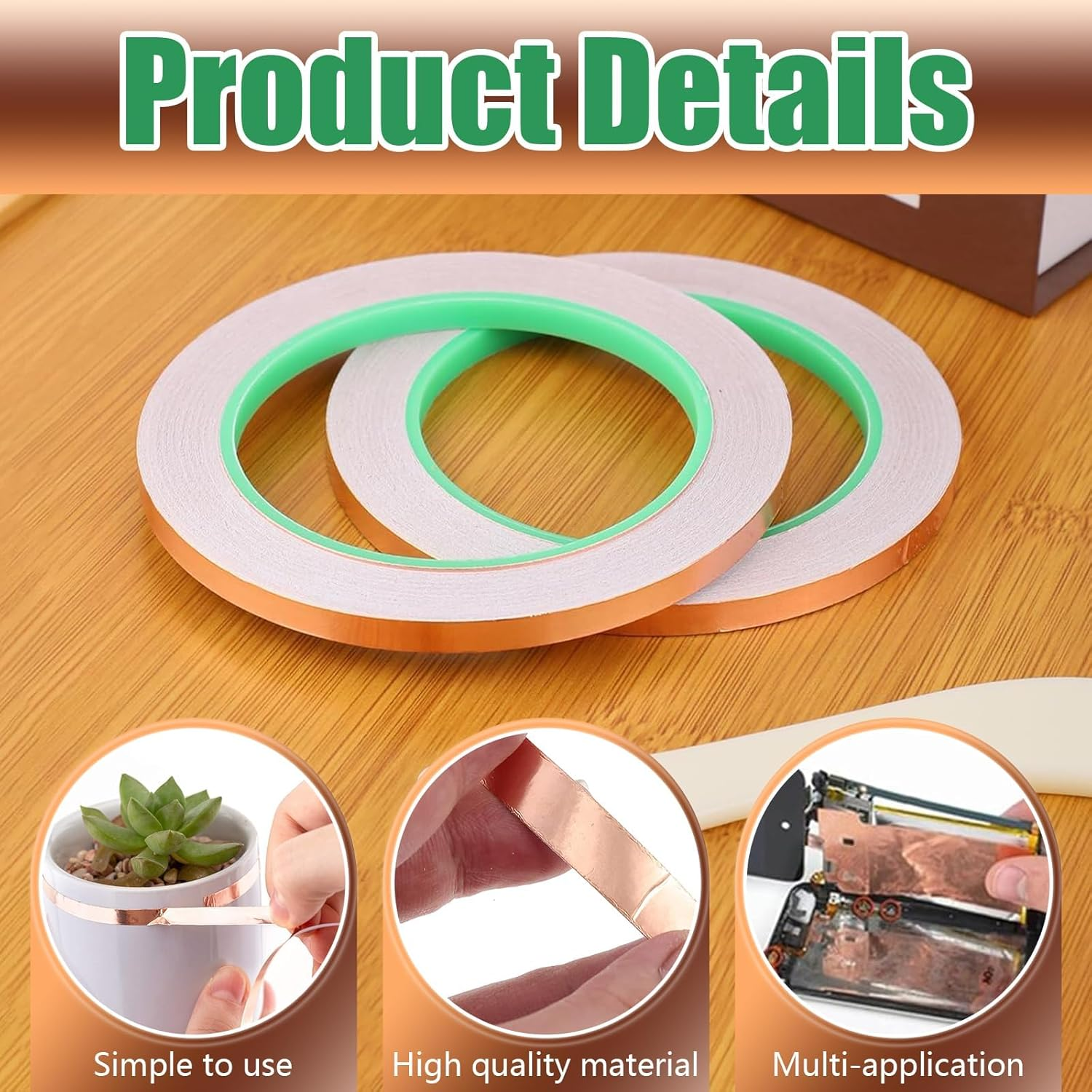 Conductive Adhesive Copper Tape, 2 Pcs Conductive Copper Foil Tape, Conductive Copper Tape with Single-Sided for Guitar and EMI Shielding, Slug Repellent, Stained Glass, Crafts, Electrical Repairs