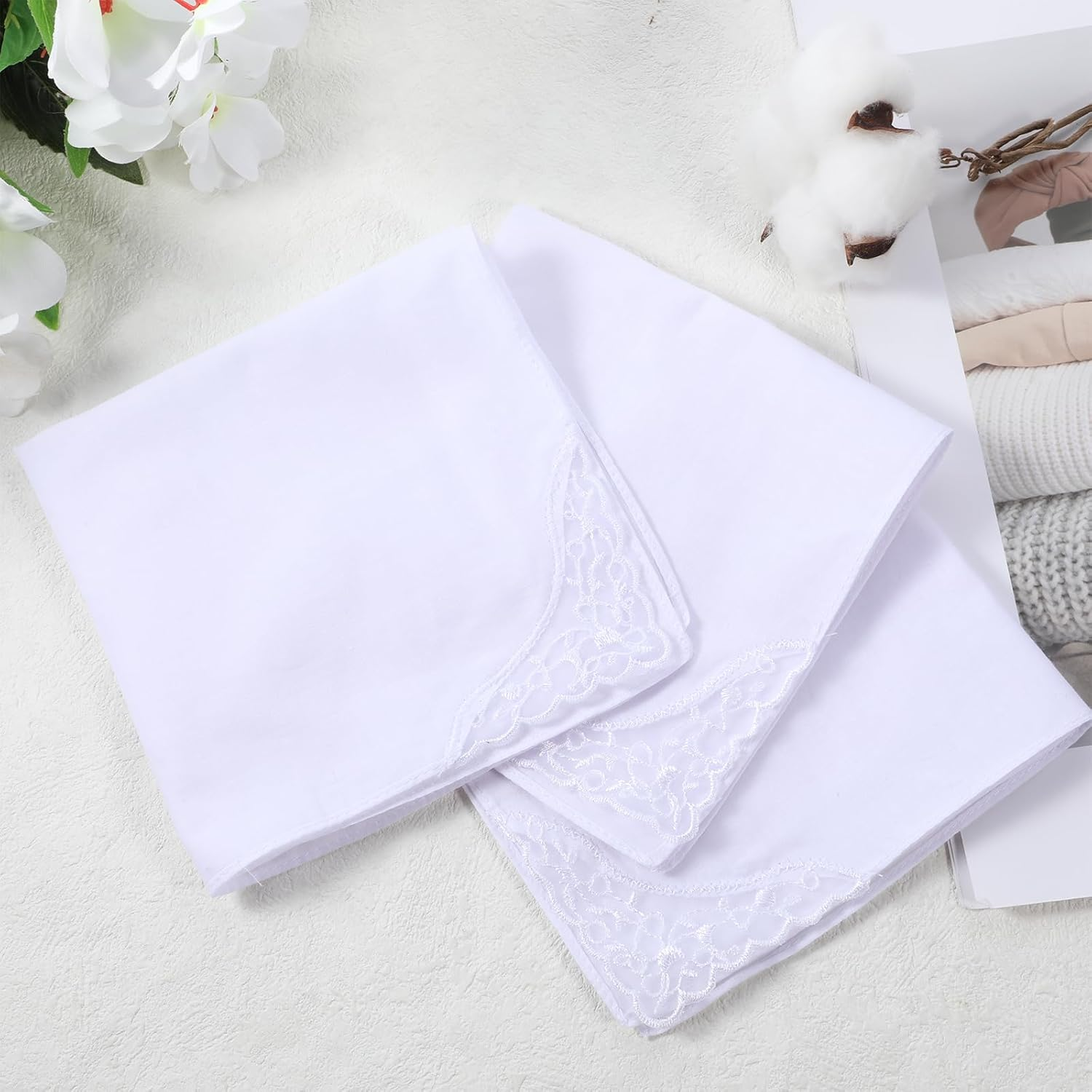 3 PCS Handkerchiefs for Women White Soft Cotton Ladies Hankies Elegant Embroidery Lace Pure Color Square Hankies Daily Accessory Suitable for Afternoon Tea Party 11 Inch image number 6