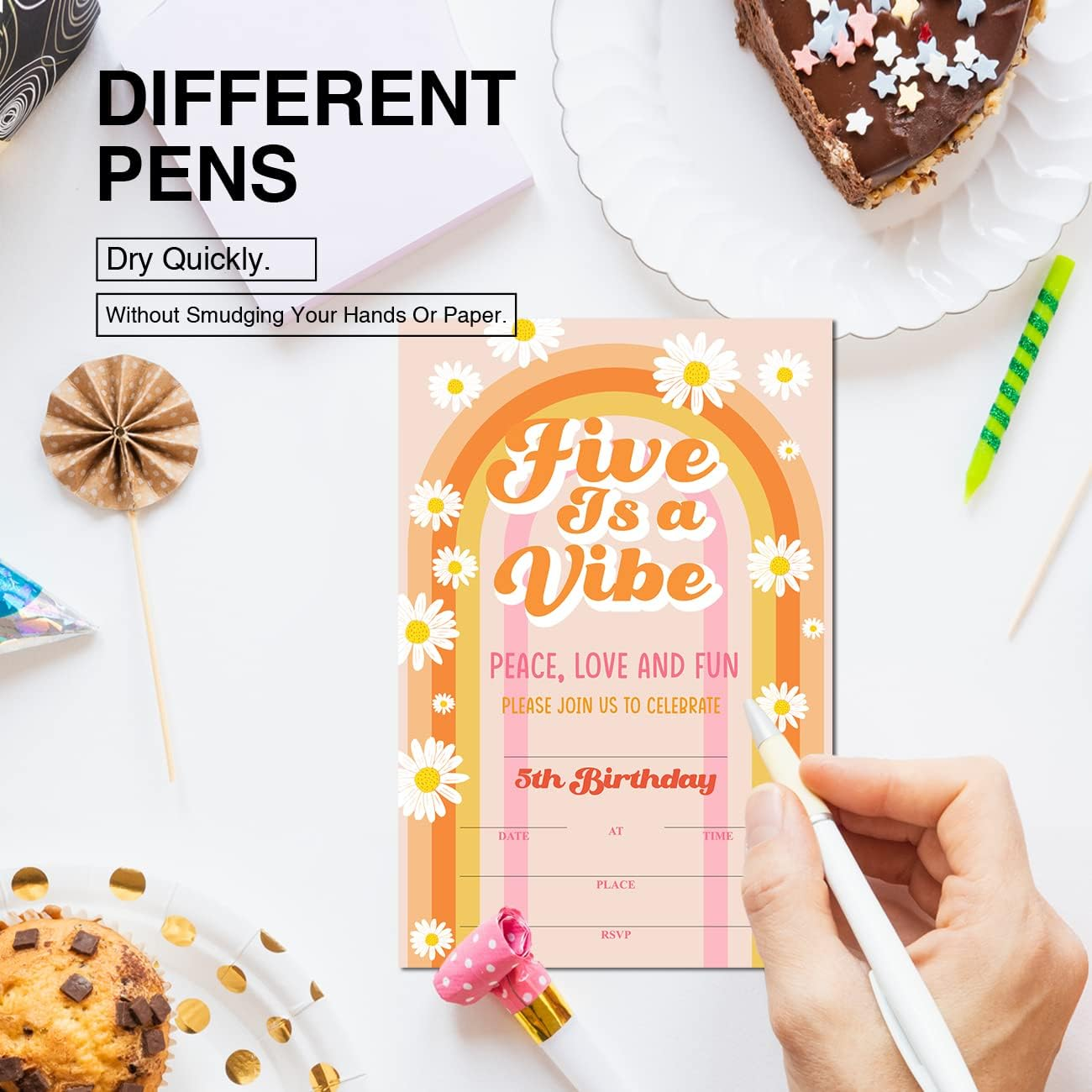 Soiceu Cute Five Is a Vibe Groovy 5Th Birthday Party Invitations with Envelopes Set of 20 Rainbow 70S Groovy 5 Years Old Birthday Party Invites image number 3