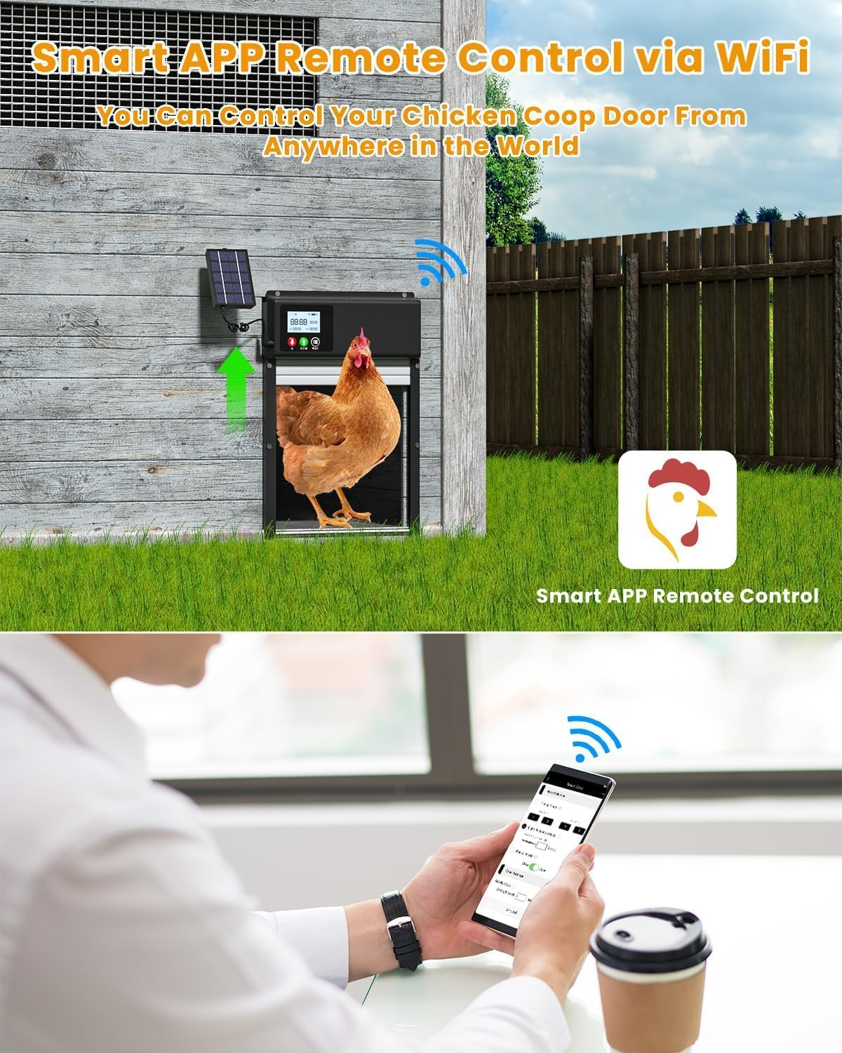 Upgraded 3In1 Wifi Automatic Chicken Coop Door Solar Powered, APP Remote Control Chicken Coops Door Opener, LCD Display, Timer Light Sensor, Electric Auto Doors 8000Ma Battery, Anti-Pinch image number 4
