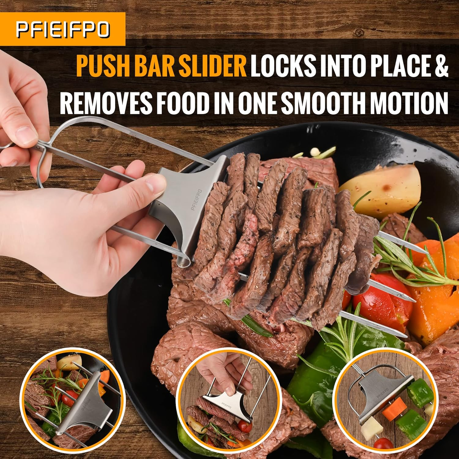 3PCS Grilling Savant 3Way Skewers,14Inch Metal Skewers for Grilling,Easy to Use Push Bar Slider,Bbq Accessory, Perfect for Meat,Veggies,Fruits,Marshmallow Roasting Sticks Grill Kabob Skewer.