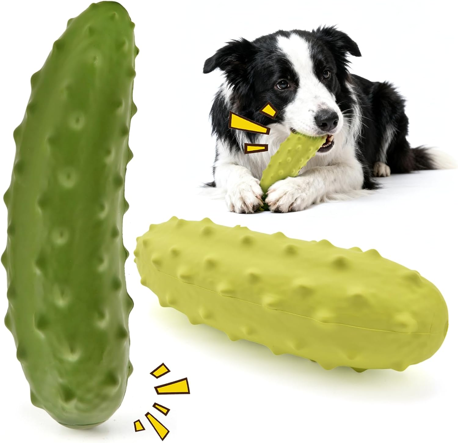 LIFLIX 2PCS Tough Squeaky Dog Toys, Durable Dog Chew Toy with Natural Rubber, Teething Toys for Medium Large Breeds, Yellow and Green Cucumber Pickle image number 4