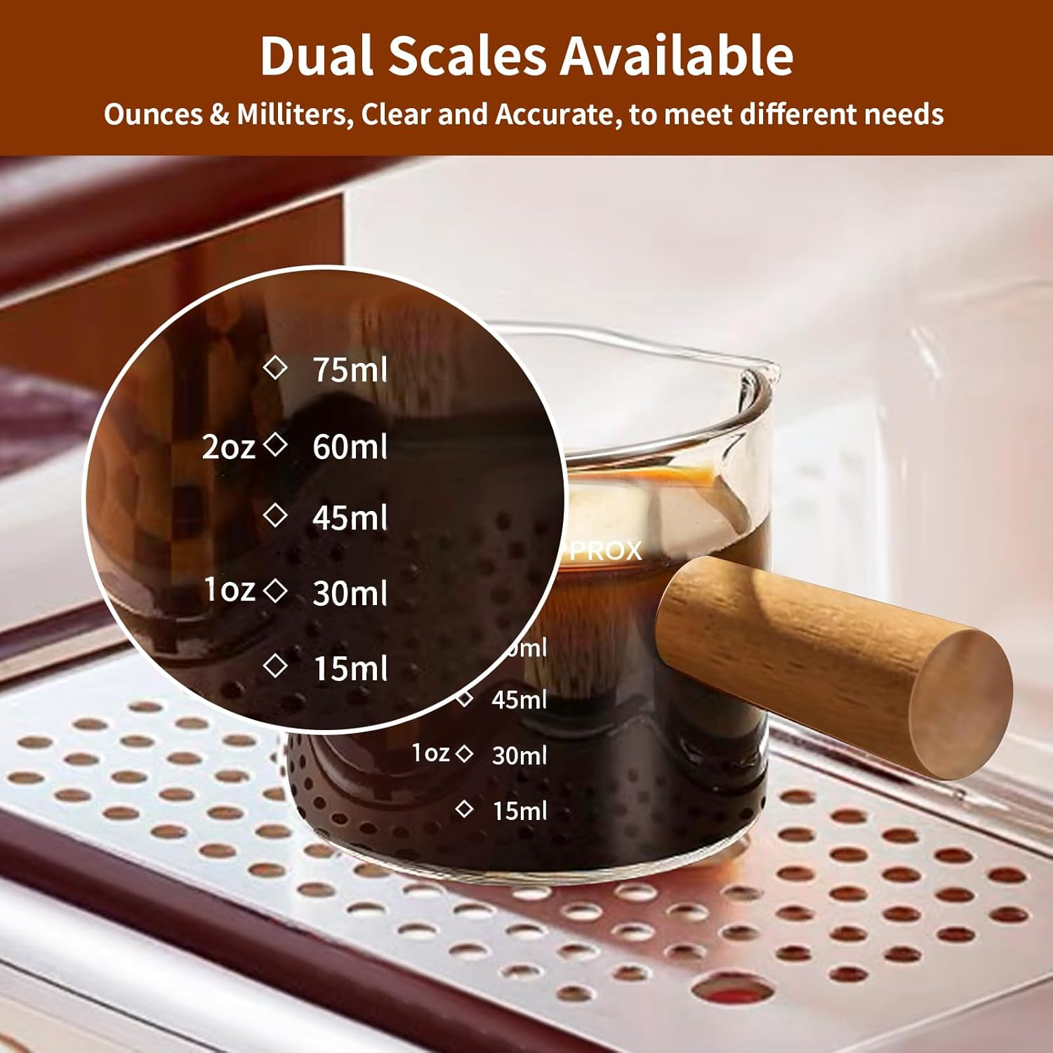 YARRAMATE Espresso Shot Cup with Wood Handle, Clear Glass Accessories, Measuring Cup with Dual Scale, Single Spout Shot Glass, 3.4Oz/100 ML image number 3