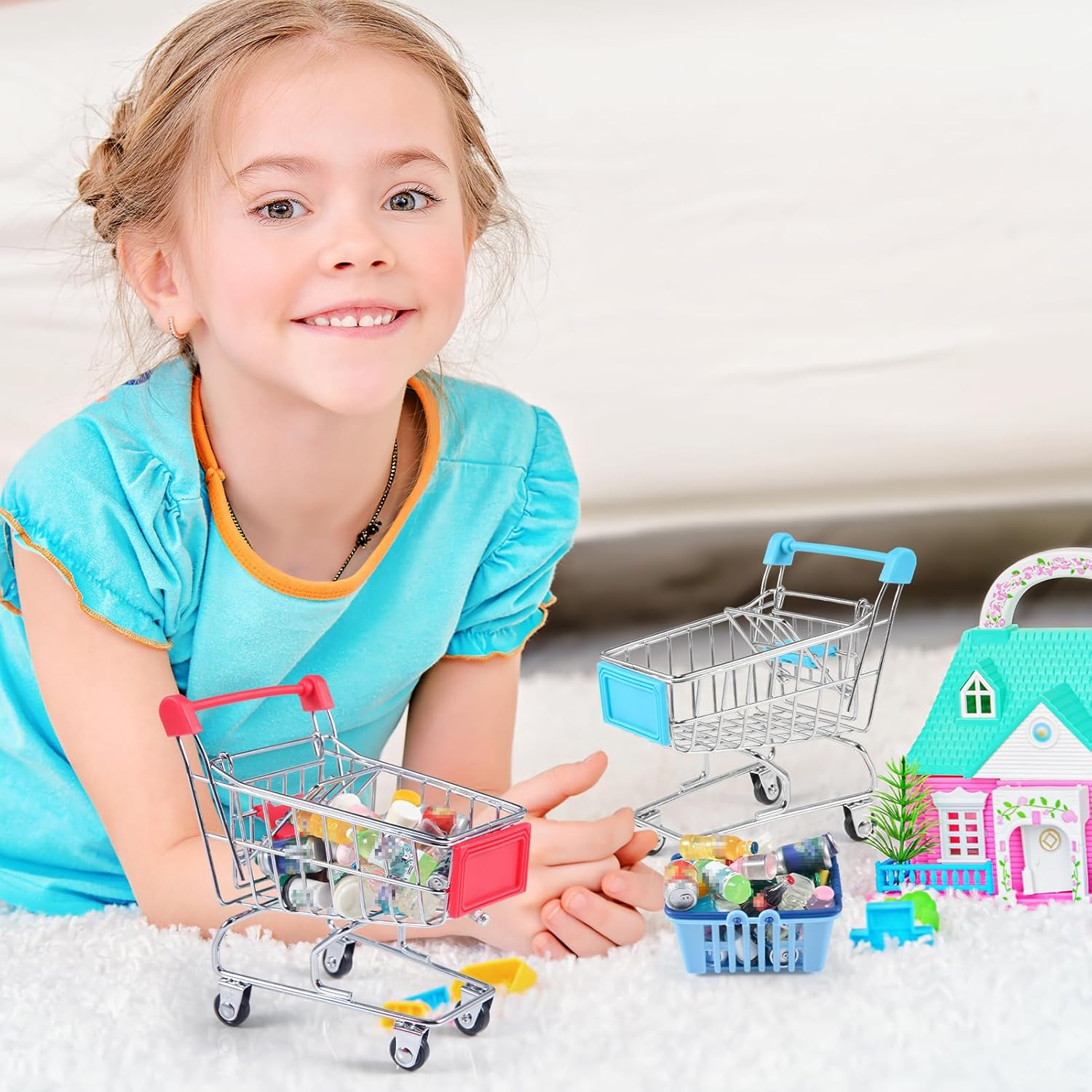 HSJH 134Pcs Mini Shopping Cart Basket Miniature Food Drink Bottle Supermarket Metal Handcart Toys Doll House Store Cosplay Game Dollhouse Grocery Fruit Cake Bread Party Trolley Model Dollar Bills image number 5