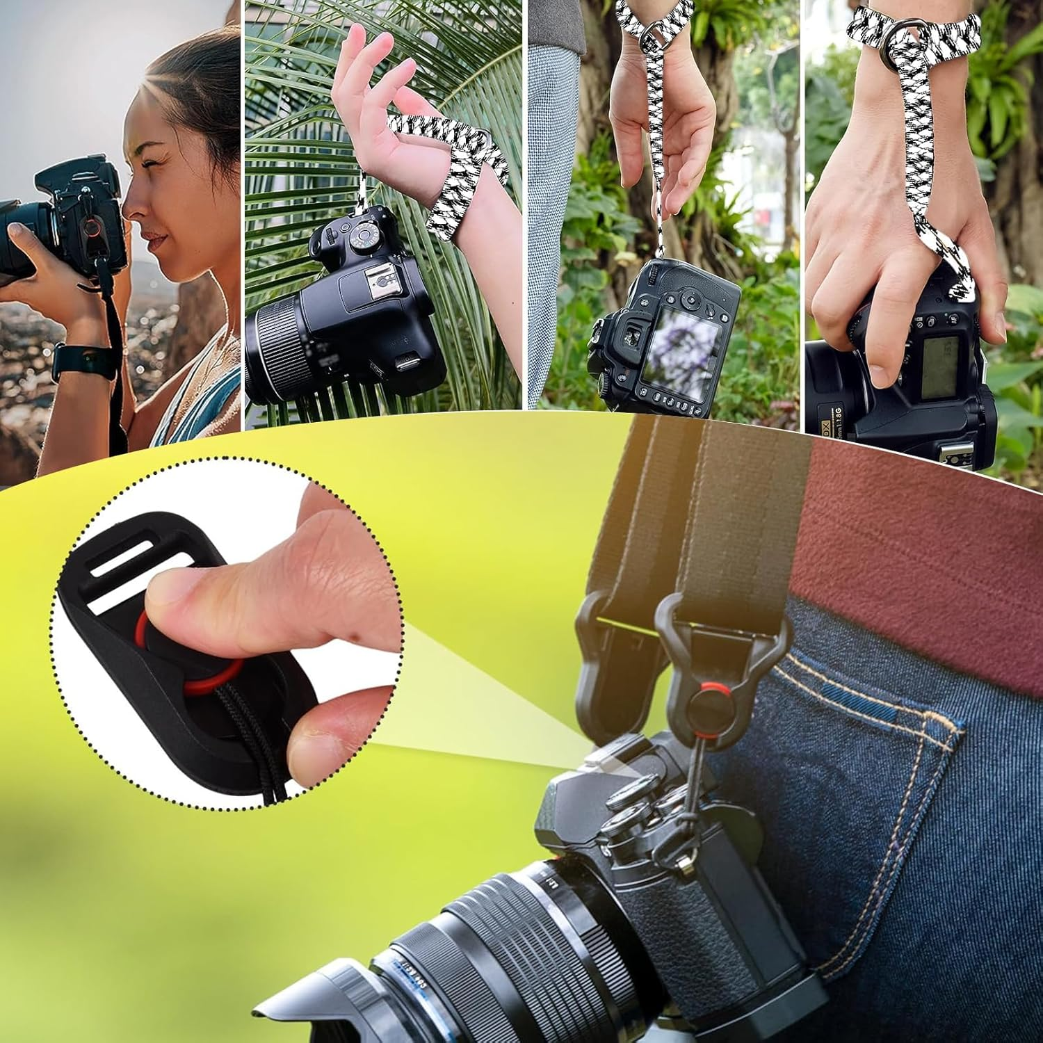 Vireeyu 5 Camera Carrying Accessories, 1 Hand Woven Wrist Strap Safety Rope for Camera, 4 Camera Quick Release Buckles, Camera Quick Release Buckles, Adjustable Camera Strap image number 2