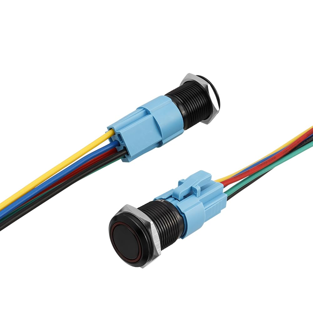 Yakamoz 2Pcs 16Mm Waterproof Latching Push Button Switches, 12V Self-Locking Button on off with Sockets Red LED Wiring Harness for Automotive, Marine, Industrial Machinery and DIY.